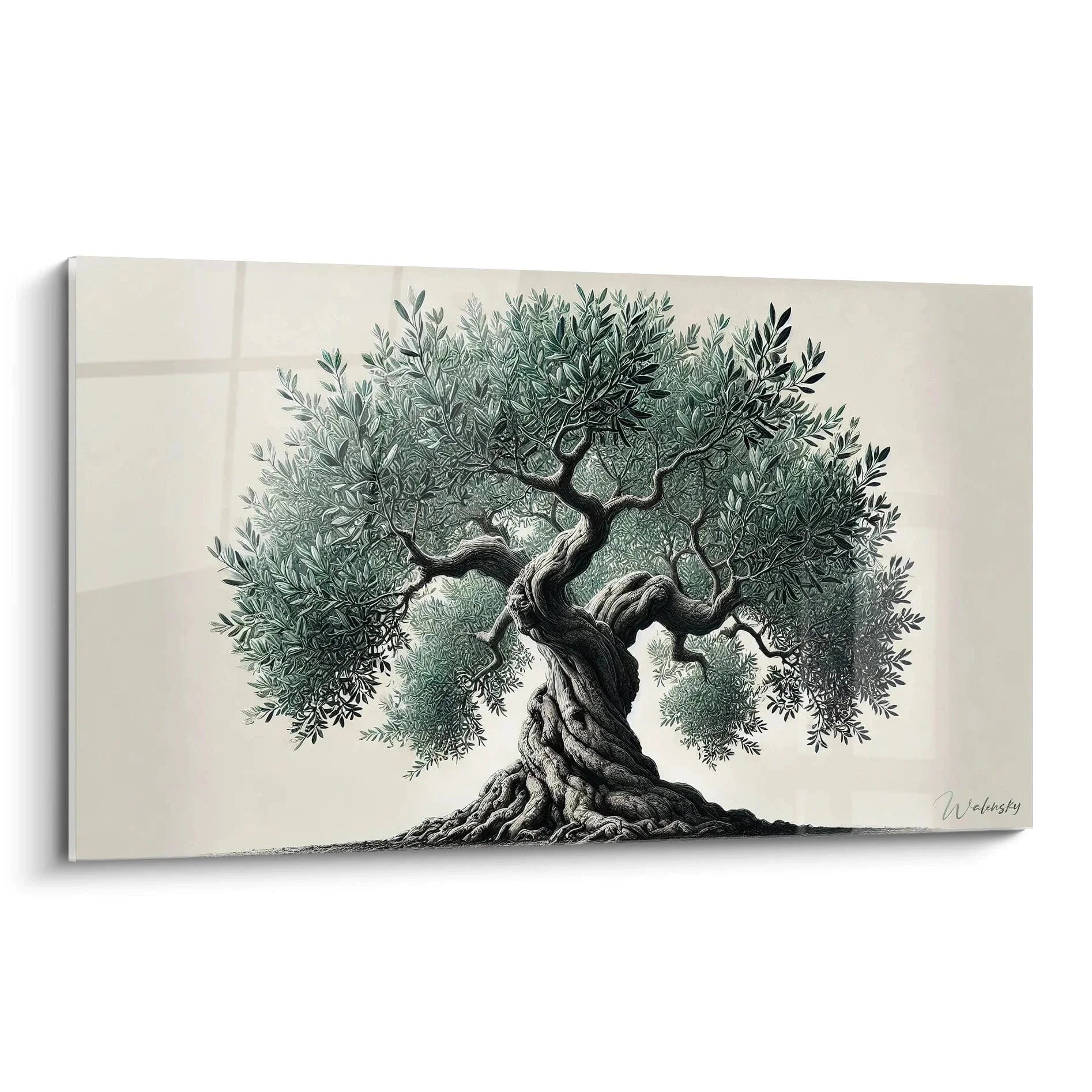 Wandbild Olivenbaum mit knorrigem Stamm und silbrig-grüner Krone auf cremefarbenem Hintergrund