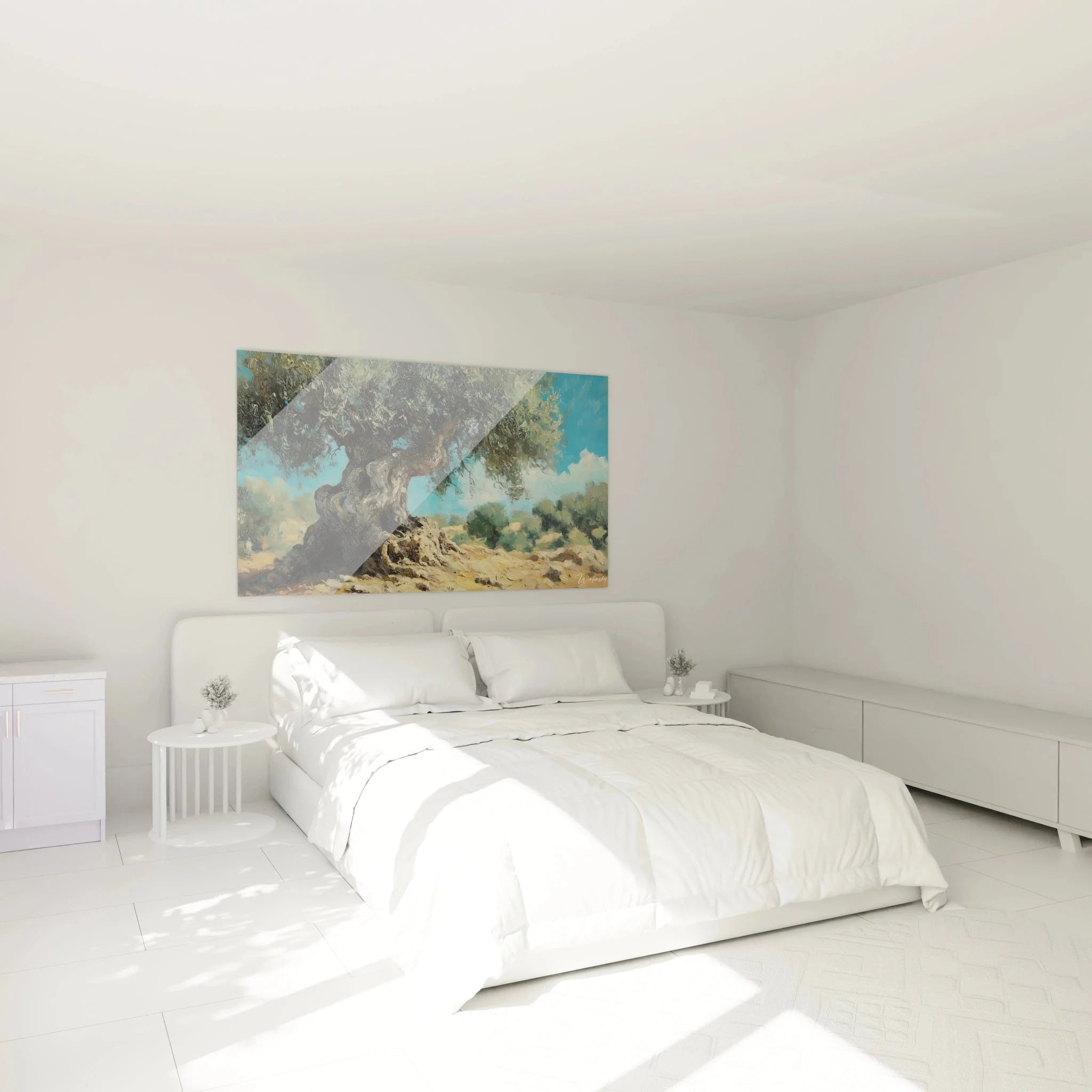 Mediterrane Wanddekoration Olivenbaum im Schlafzimmer für entspannte Atmosphäre
