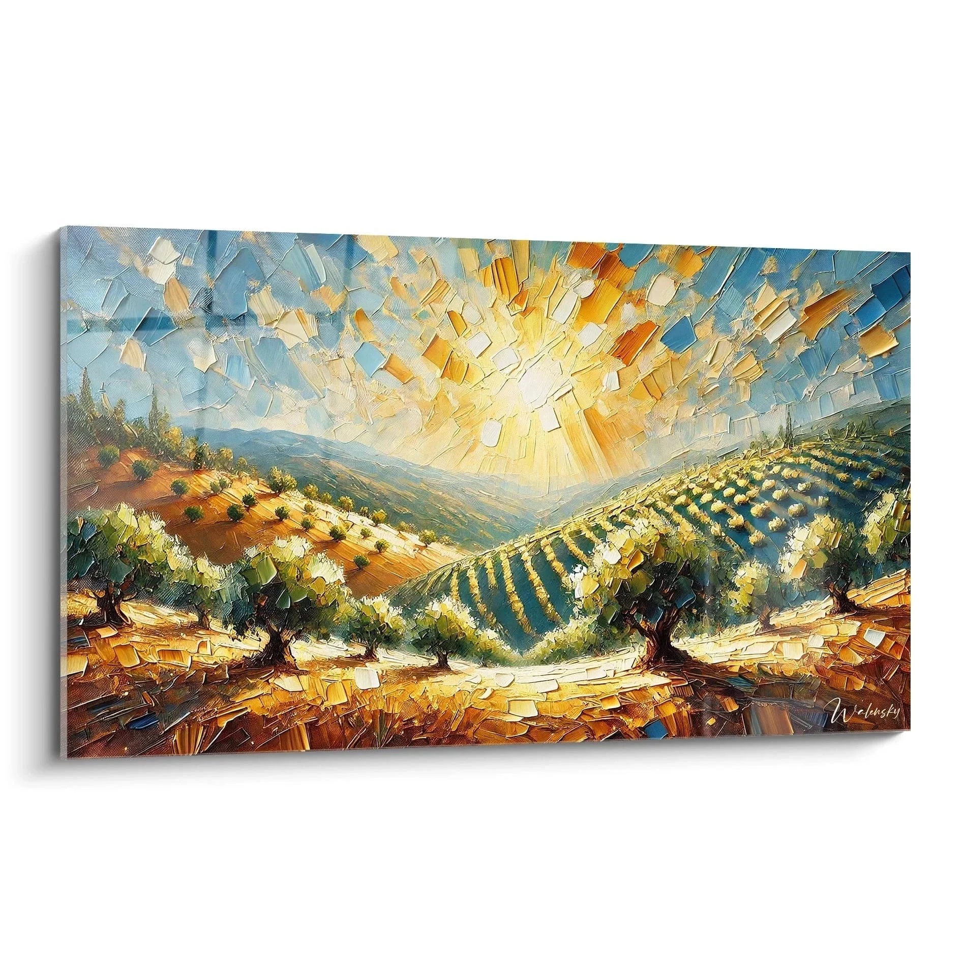 Wandbild Olivenhain Spanien mit terrassierten Olivenbäumen und strahlender Sonne über mediterraner Landschaft