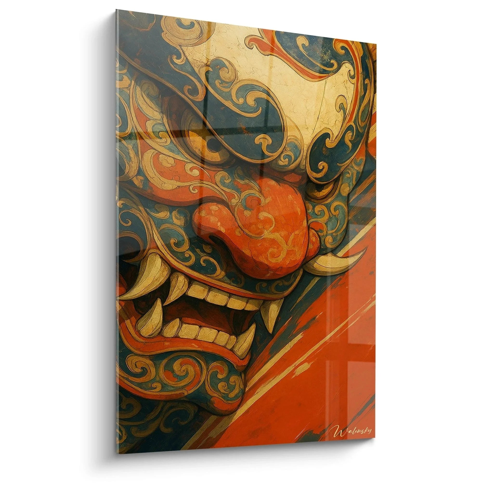 Wandbild Oni Maske in Orange und Blau - Traditionelle japanische Dämonenkunst für Wanddekoration