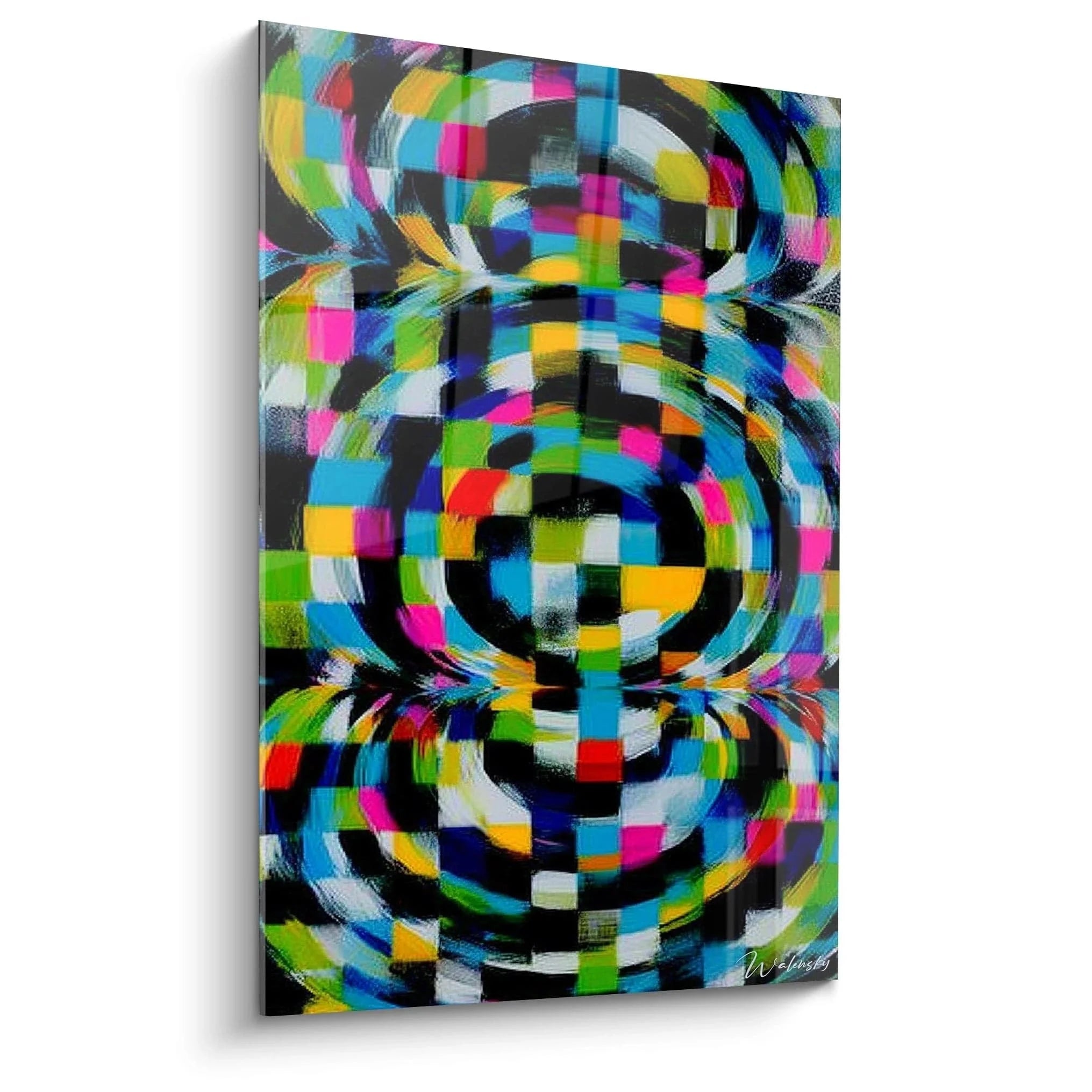 Wandbild Op Art mit bunten geometrischen Kreisen und psychedelischen Spiralen in Pink Türkis Gelb