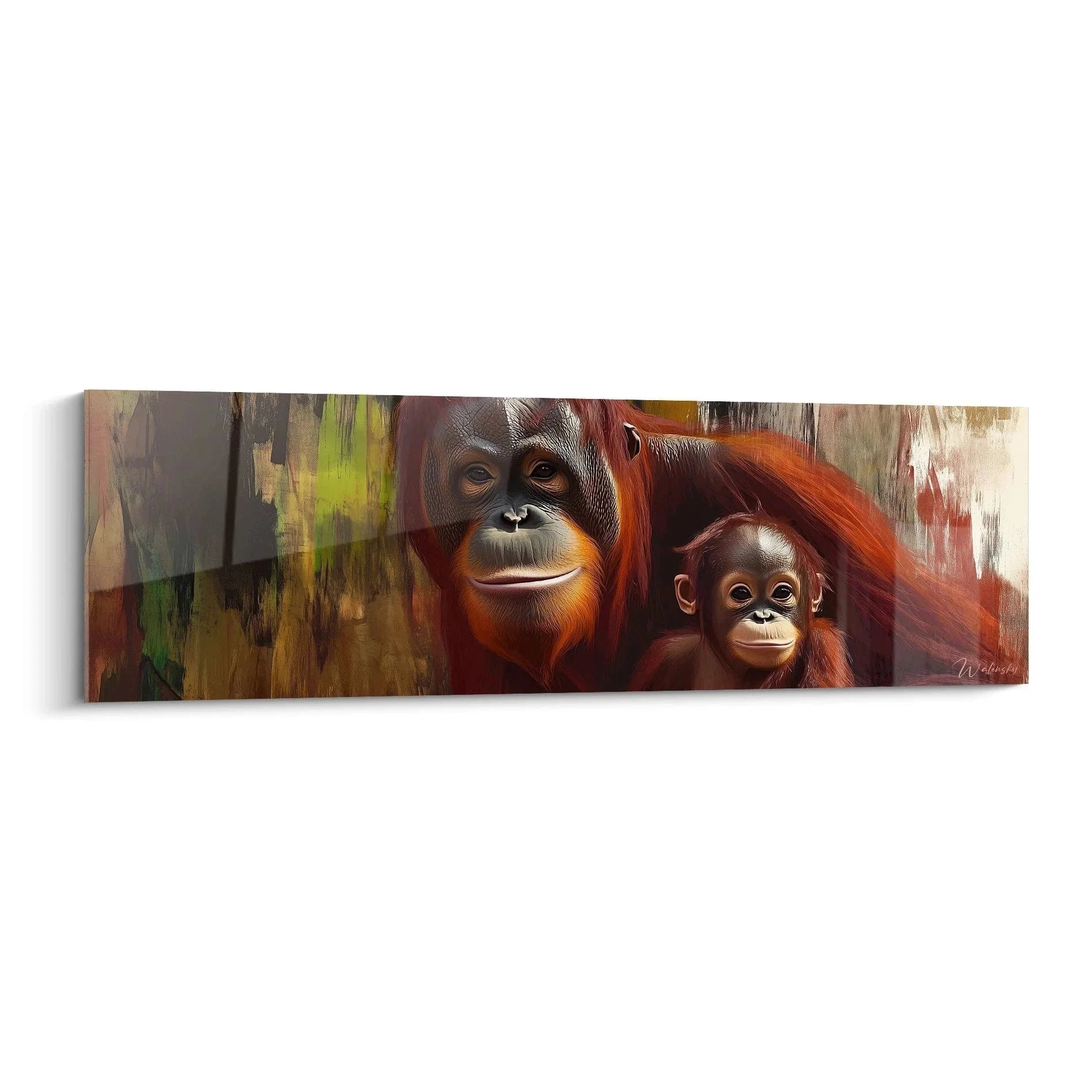 Wandbild Orang-Utan Familie zeigt Mutter mit Kind in warmen Farben - moderne Tierwelt Kunst