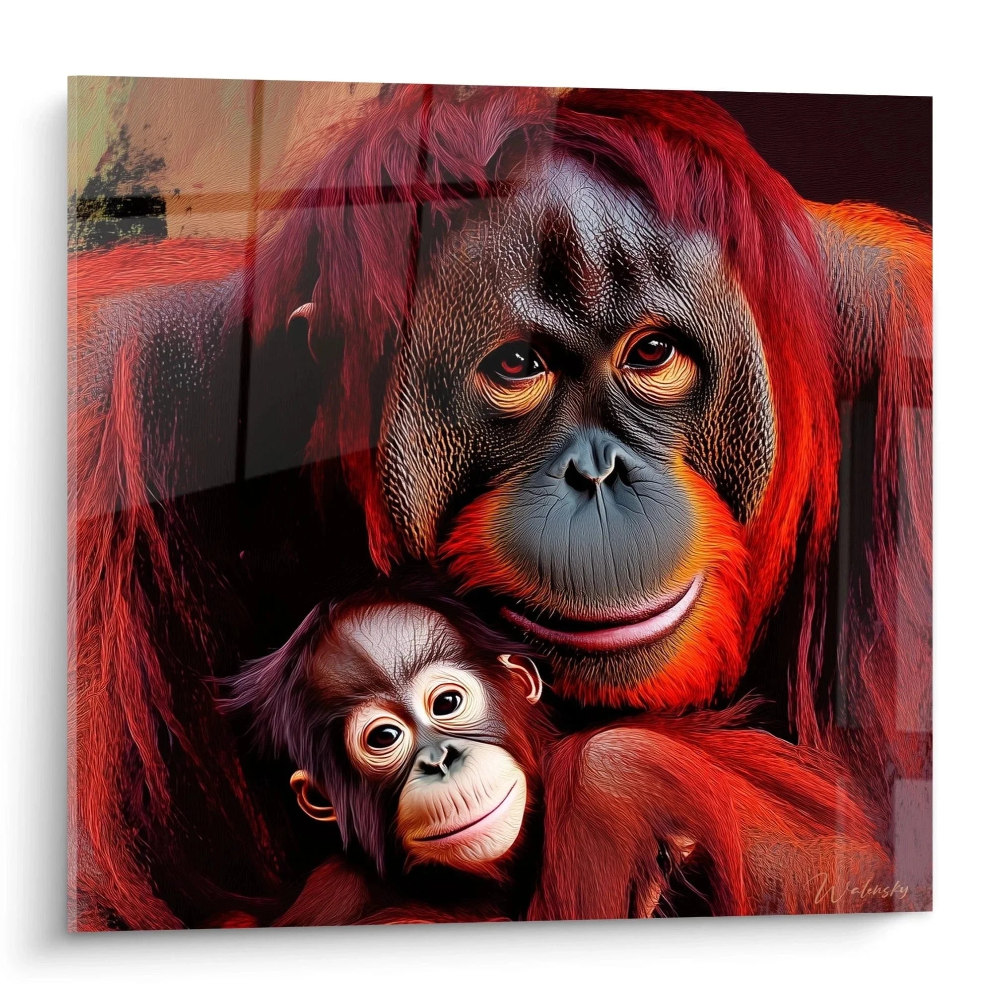 Wandbild Orang-Utan Mutter mit Baby in warmen Rottönen - Edition Orang-Utan Kunstdruck XXL