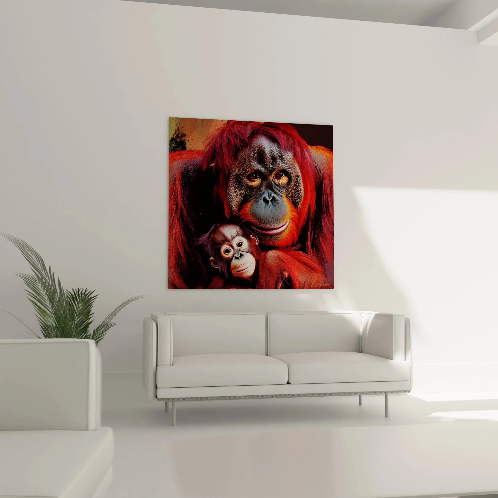 Nahaufnahme Wandbild Orang-Utan Gesicht - Details der Augen und Fellstruktur in Rottönen