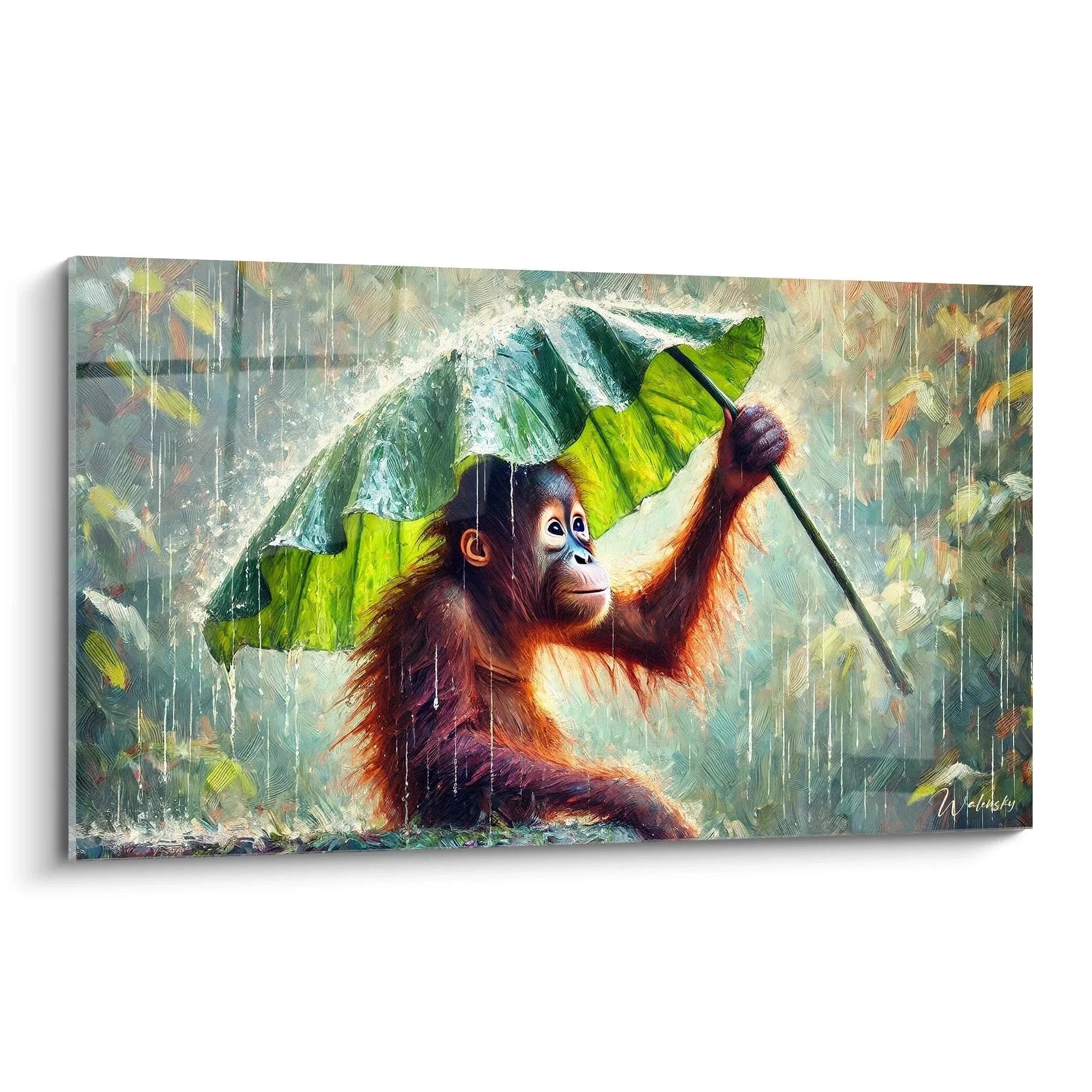 Wandbild Orang-Utan mit Bananenblatt als Regenschirm im strömenden Regen - Edition Affe Kunstdruck