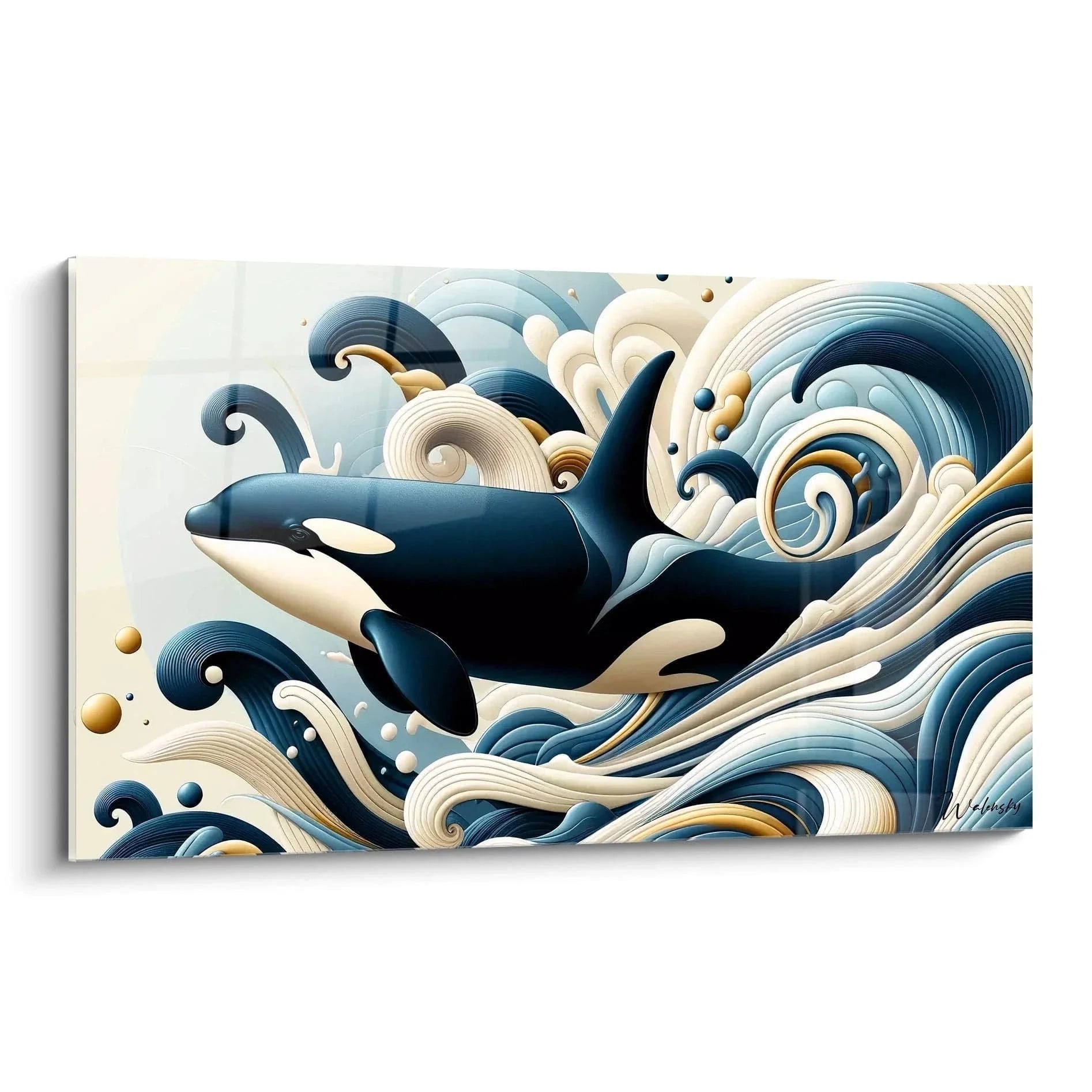 Wandbild Orca XXL mit japanischen Wellen in blau-creme Farbgebung, majestätischer Killerwal springt