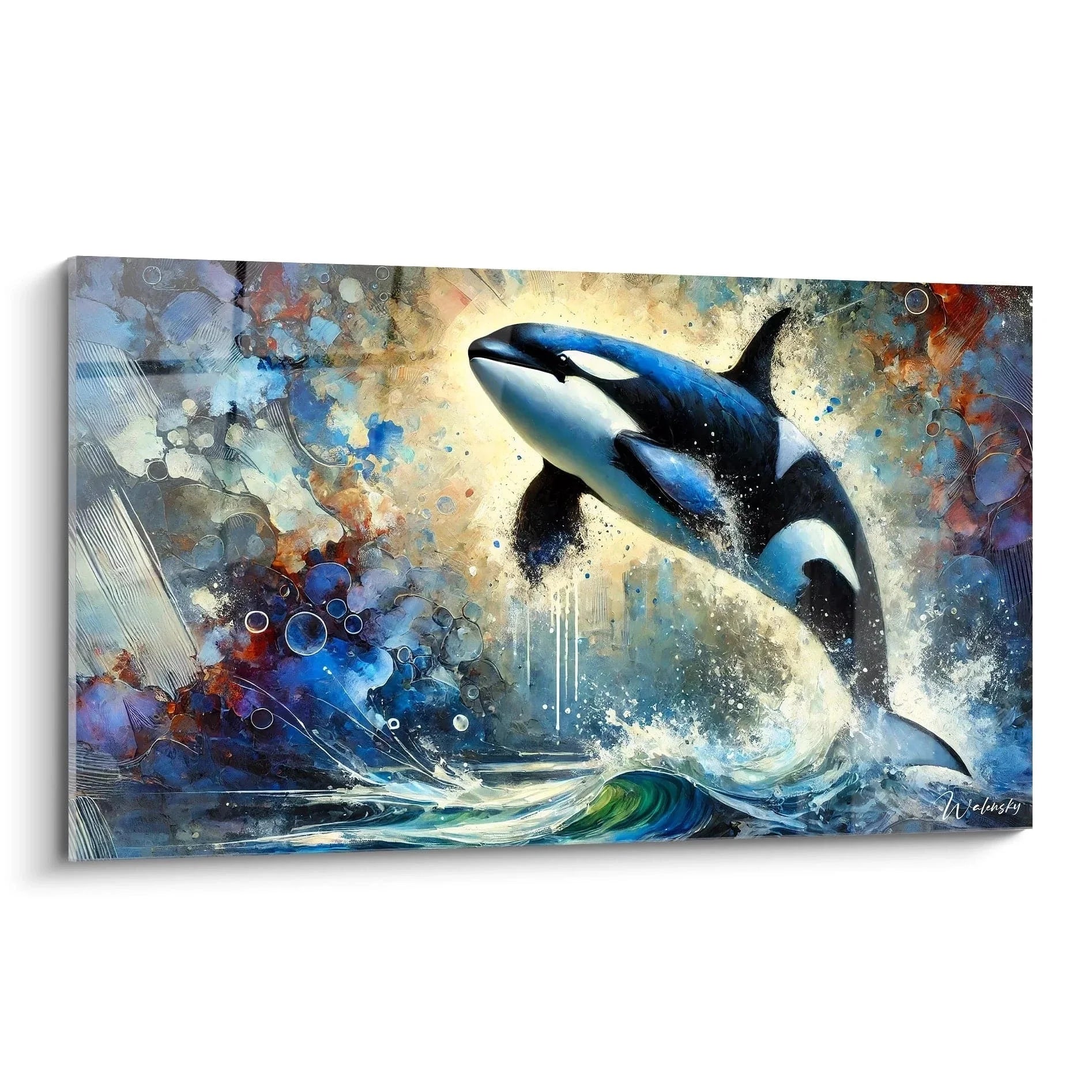 Wandbild Orca springend aus Wasser mit abstrakten Farben und dynamischer Komposition