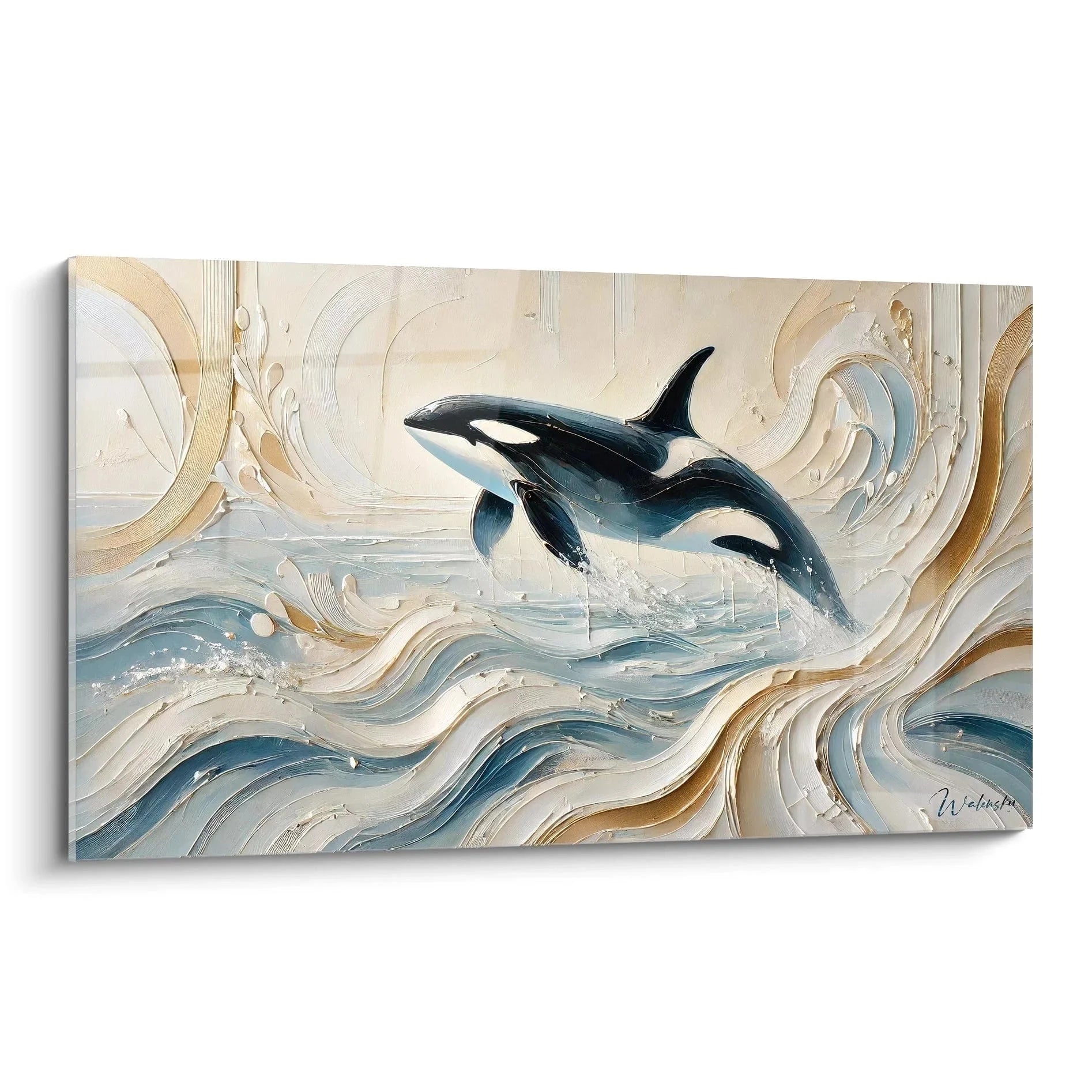 Wandbild Orca springend aus Wellen - moderne Meereskunst in Beige und Blau für Wohnzimmer