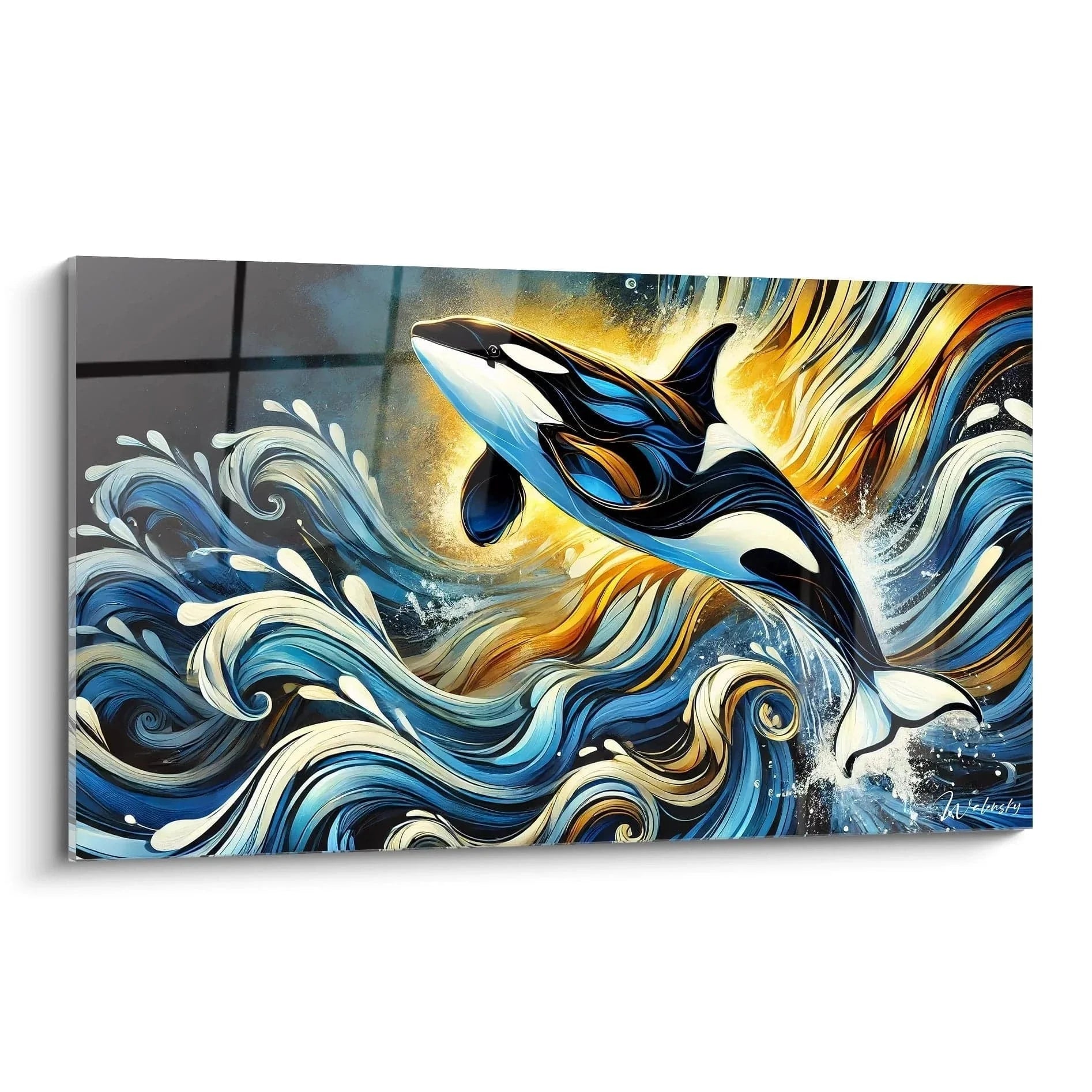 Wandbild Orca springt durch dynamische blaue Wellen mit goldenen Akzenten - maritime Wandkunst