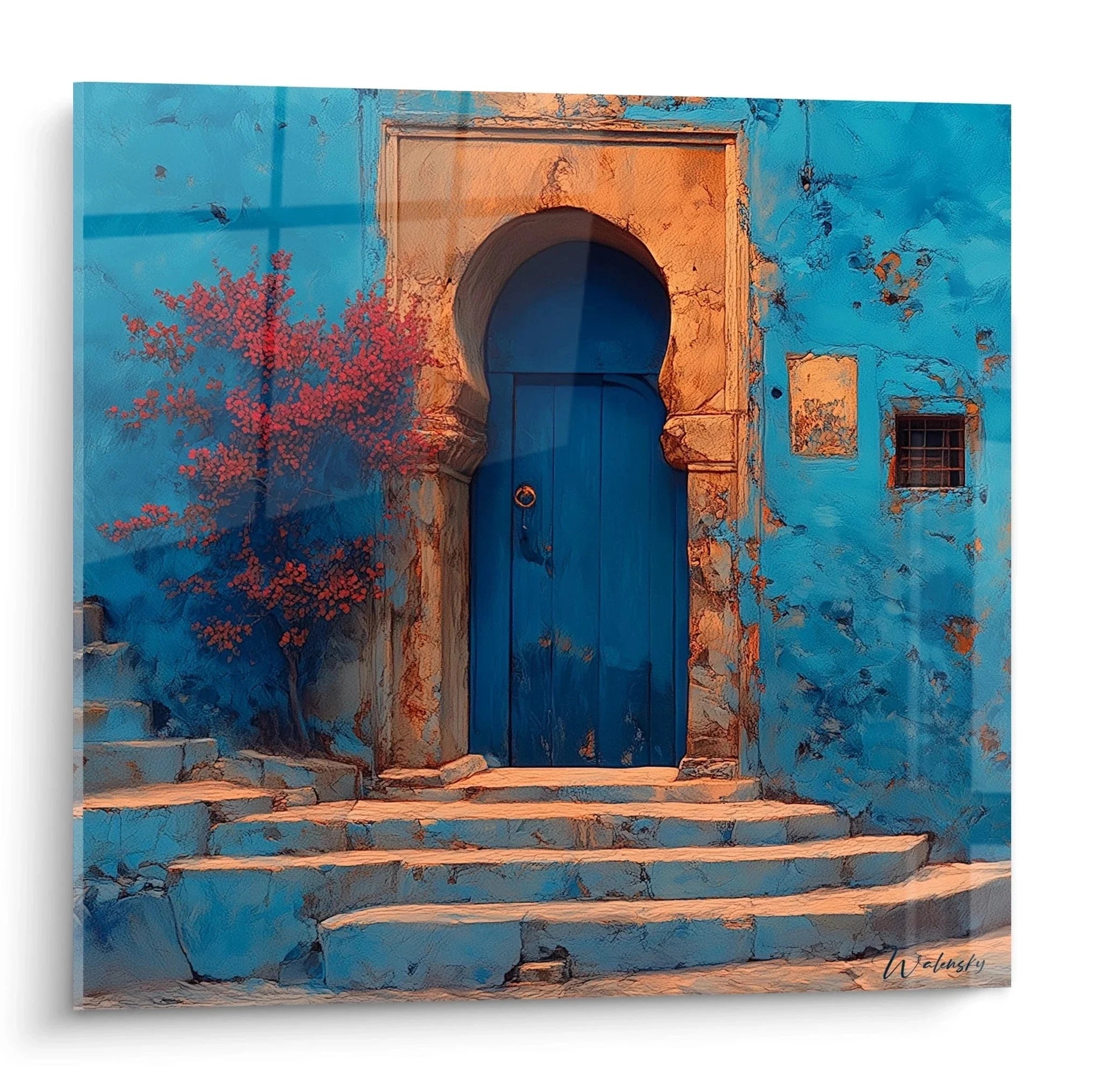 Orientalisches Wandbild mit blauer Medina Tür und traditioneller nordafrikanischer Architektur