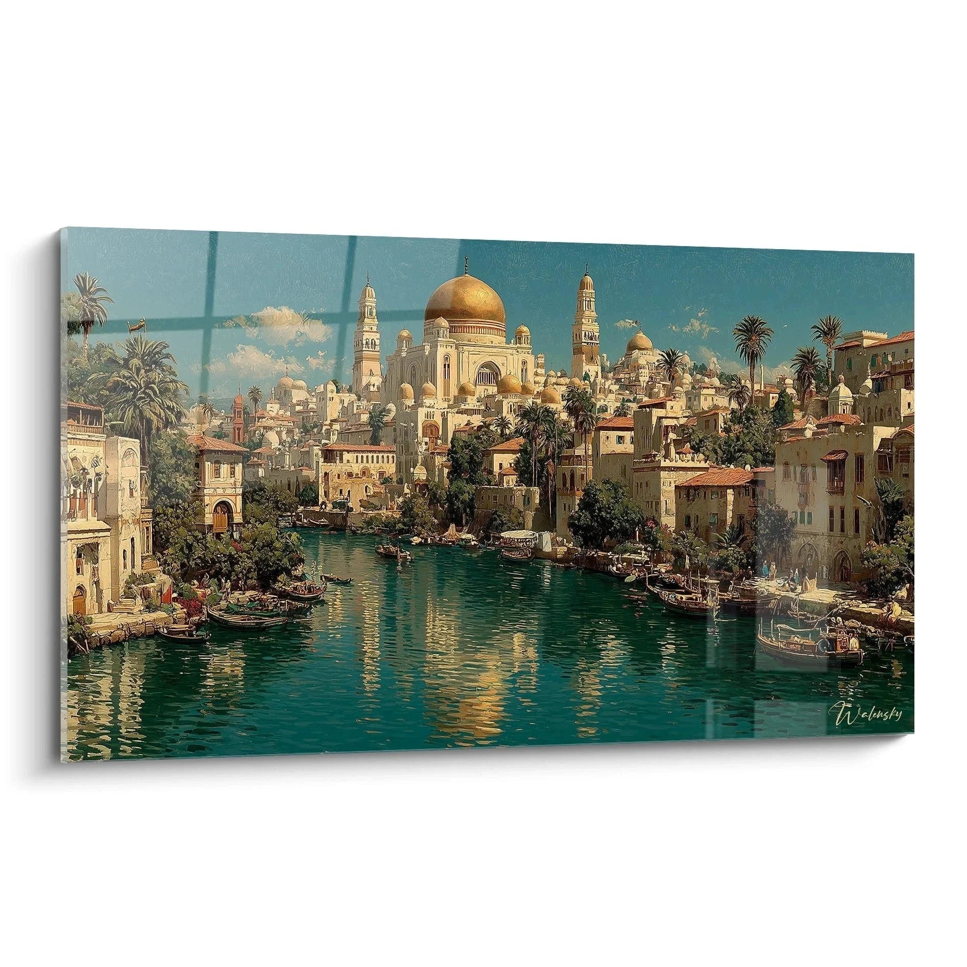 Wandbild orientalische Stadt mit goldenen Kuppeln und türkisfarbenem Kanal - Edition Orientalismus