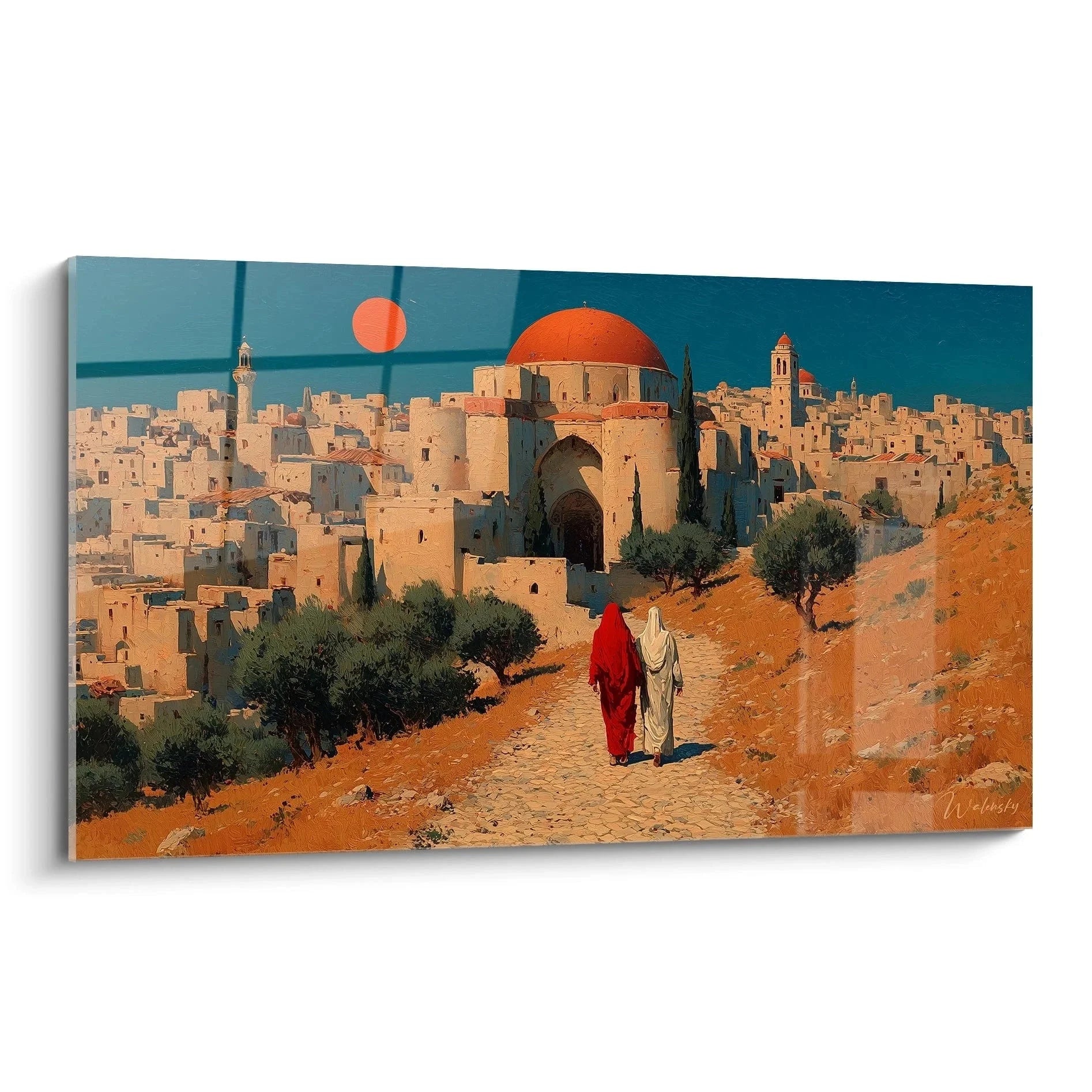 Orientalisches Wandbild mit traditioneller Stadtansicht, roter Moscheekuppel und Wüstenarchitektur