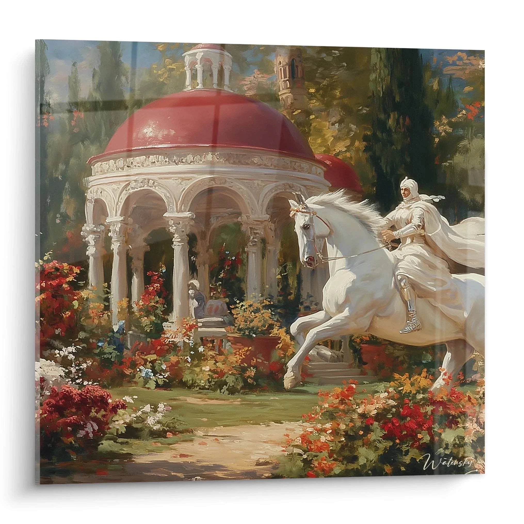 Wandbild orientalischer Reiter auf weißem Araberhengst vor roter Palastkuppel im klassizistischen Stil