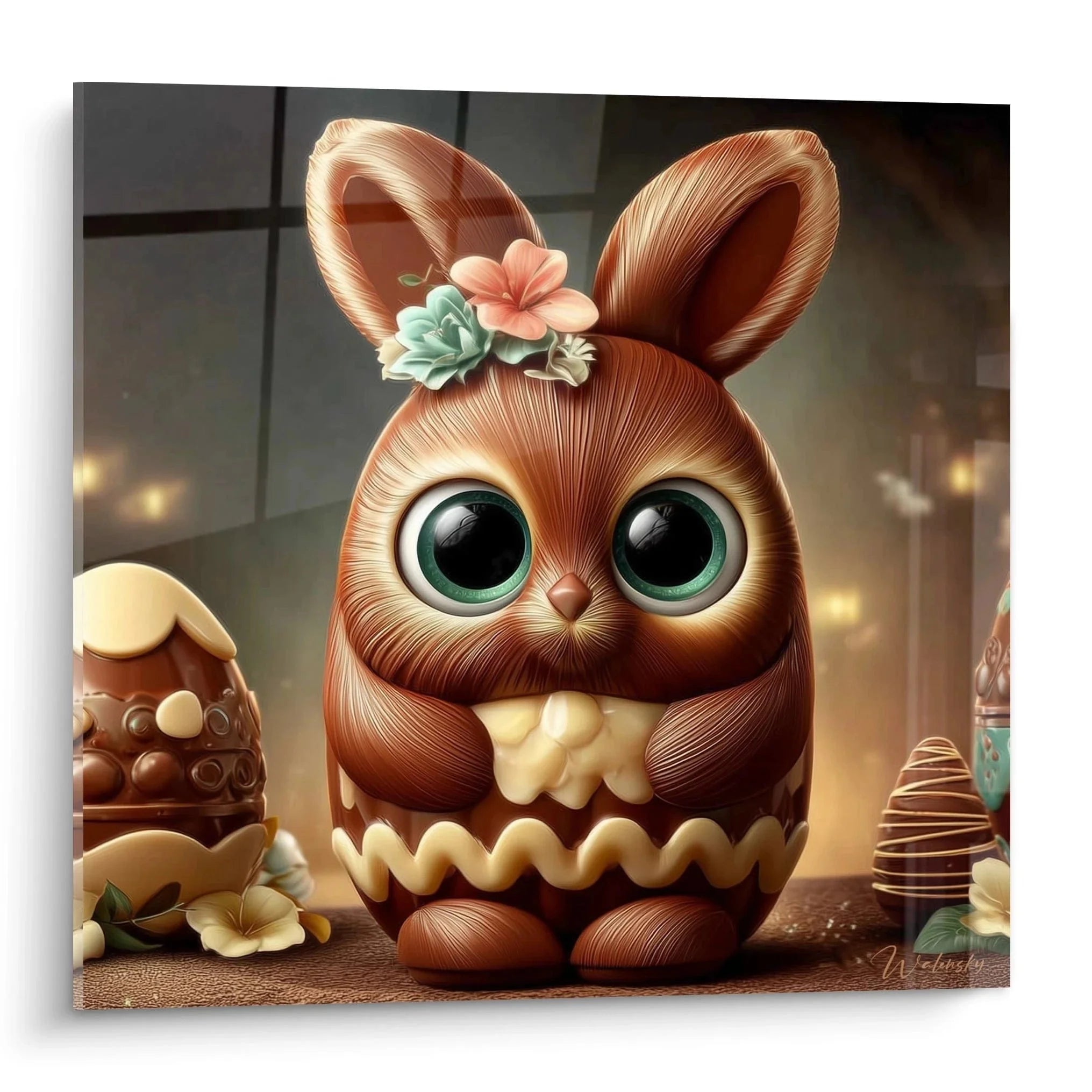 Wandbild niedliches Oster-Häschen aus Schokolade in Osterei mit Blüten - Edition Ostern Wanddekoration