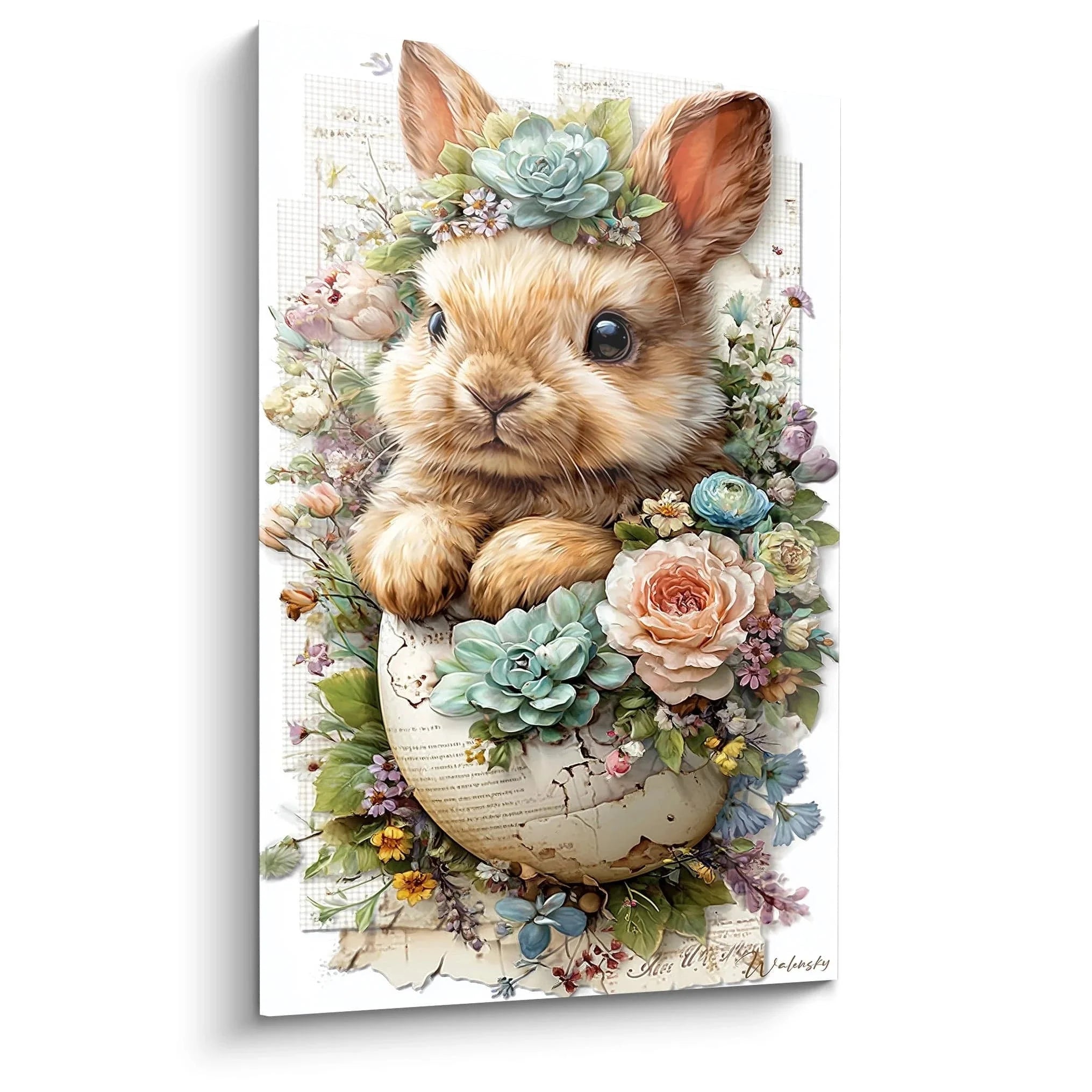 Wandbild Osterhase mit Blumenkranz, florale Osterdekoration, Vintage Stil Kinderzimmer Wandkunst