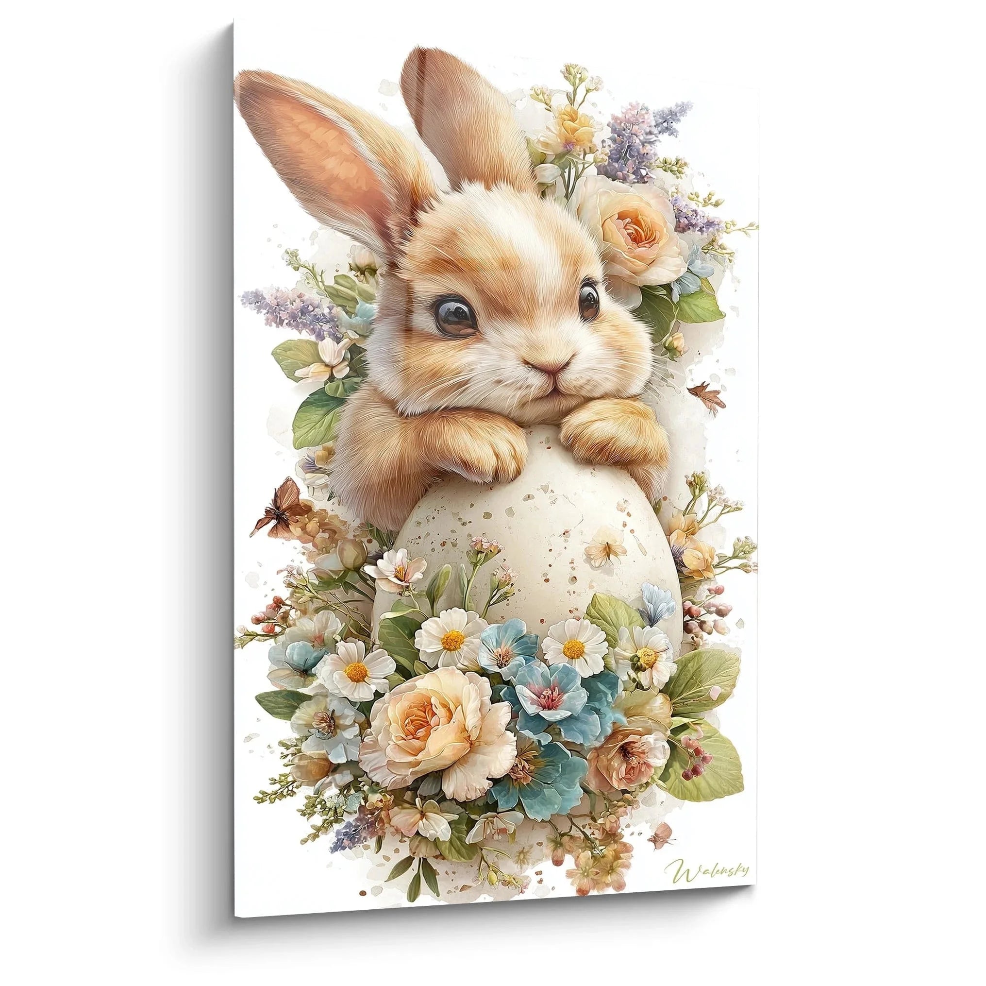 Wandbild Osterhase mit bunten Frühlingsblumen und Osterei - Edition Ostern Wandkunst