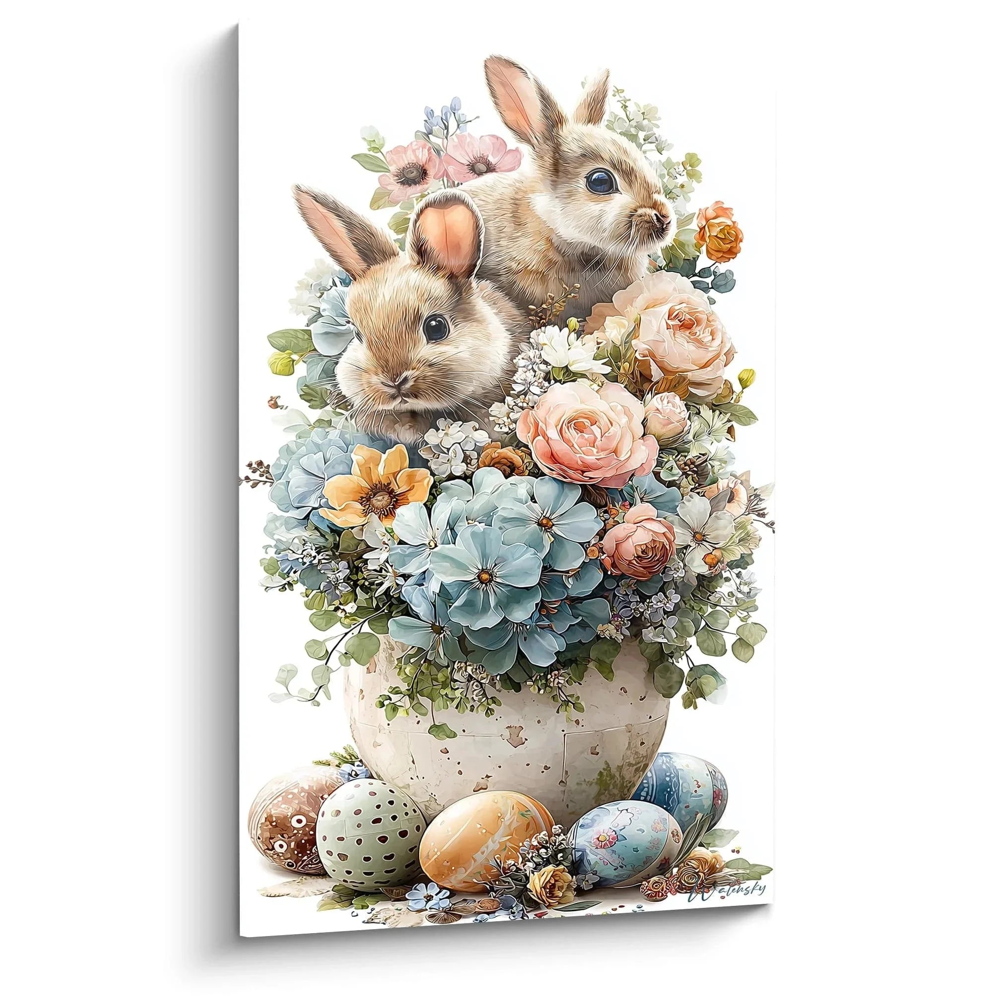 Wandbild Osterhasen mit Frühlingsblumen und bunten Ostereiern in Aquarelltechnik - Edition Ostern