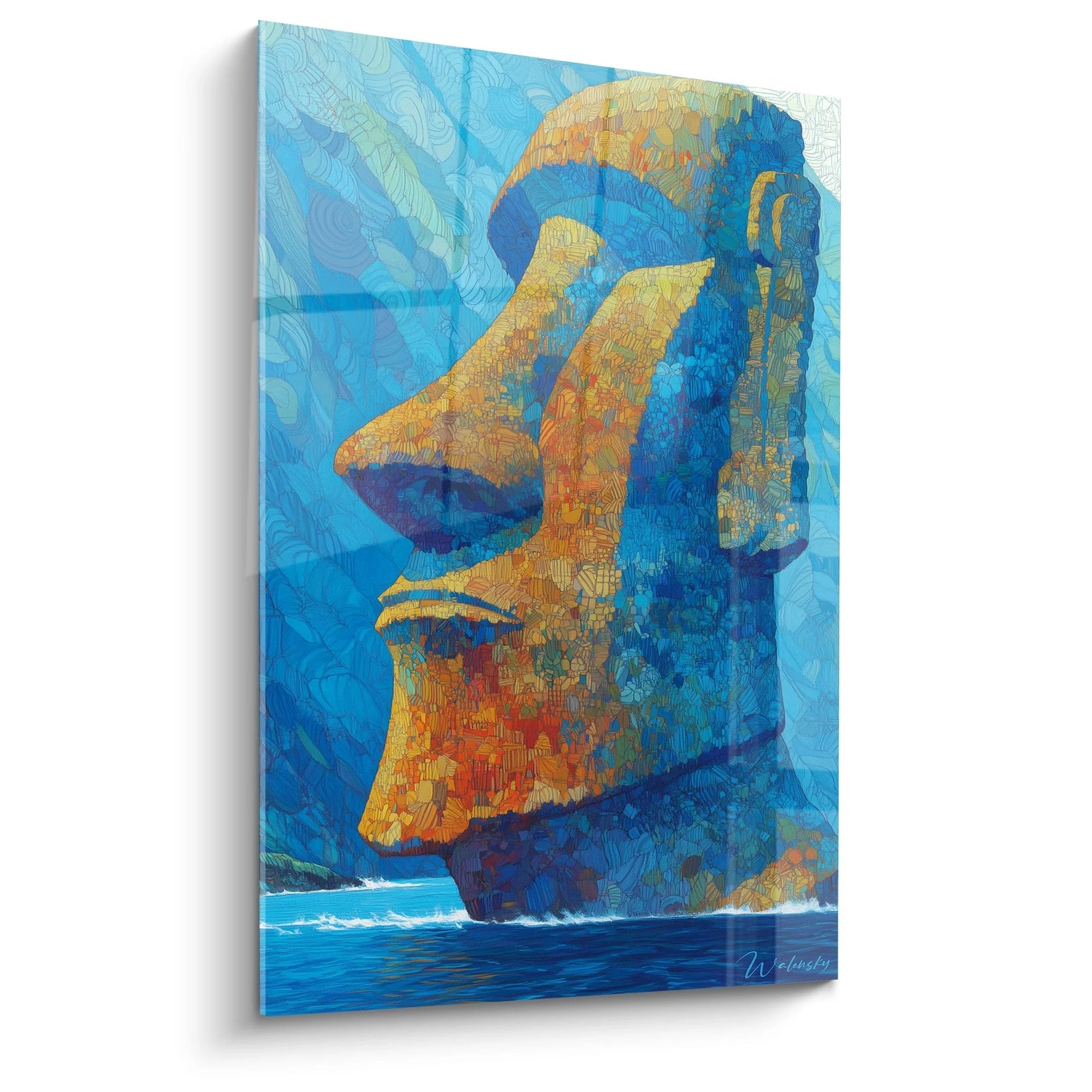 Wandbild Osterinsel Moai Statue in blau-goldenen Farbtönen vor Pazifik Hintergrund