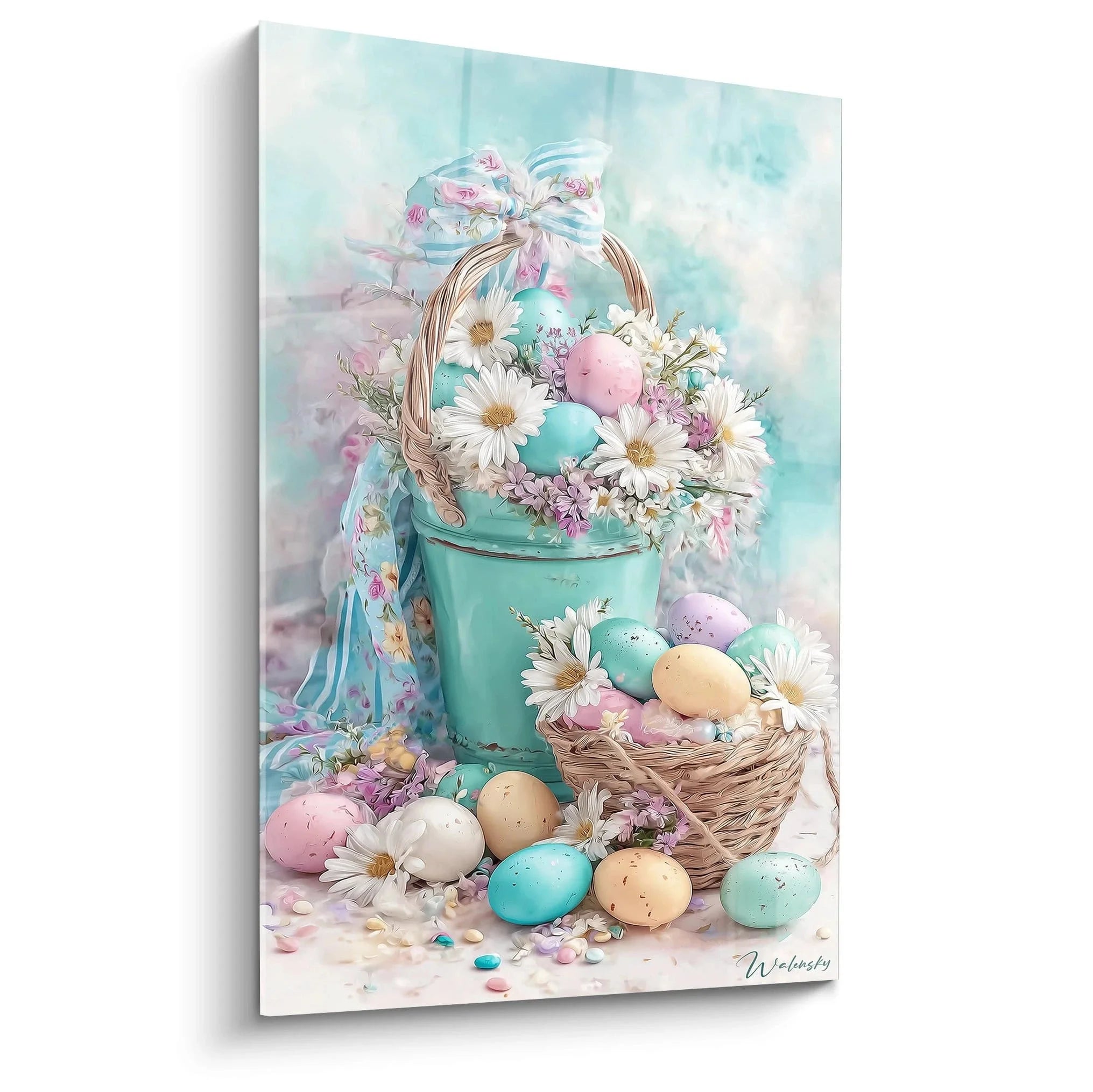 Wandbild Osterkorb Vintage mit pastellfarbenen Ostereiern und Margeriten im Shabby Chic Stil