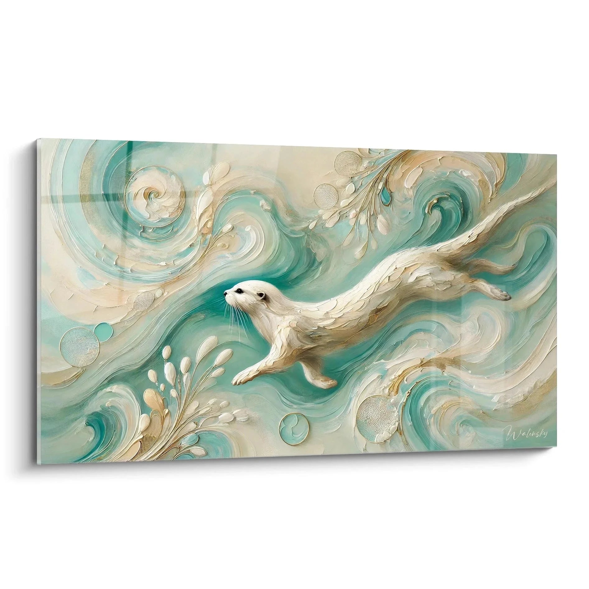 Abstraktes Wandbild Otter in türkisen Wasserwellen, moderne Tierwandkunst Edition Otter