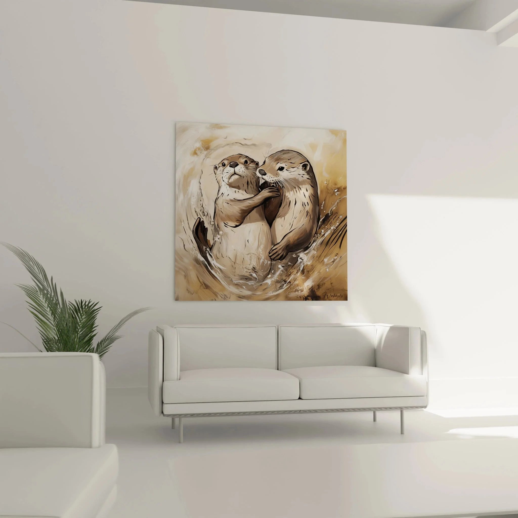 Detailaufnahme Wandbild Otter Gesichter, liebevolle Umarmung mit ausdrucksstarken Augen