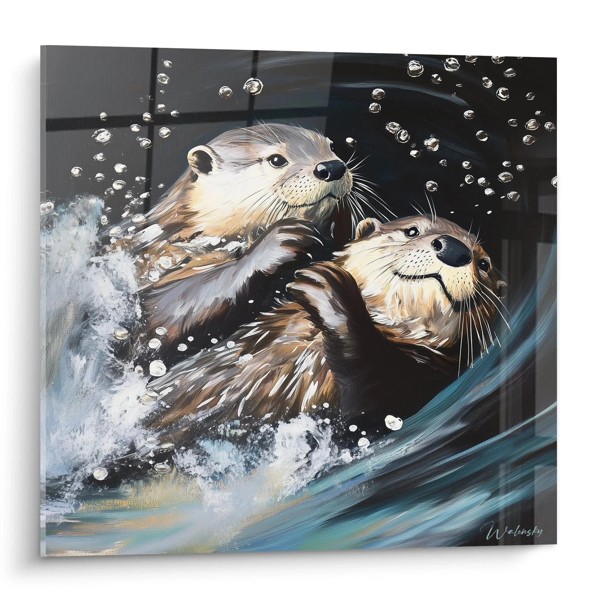 Wandbild mit zwei spielenden Seeottern im Wasser umgeben von Blasen - Edition Otter Kunstdruck