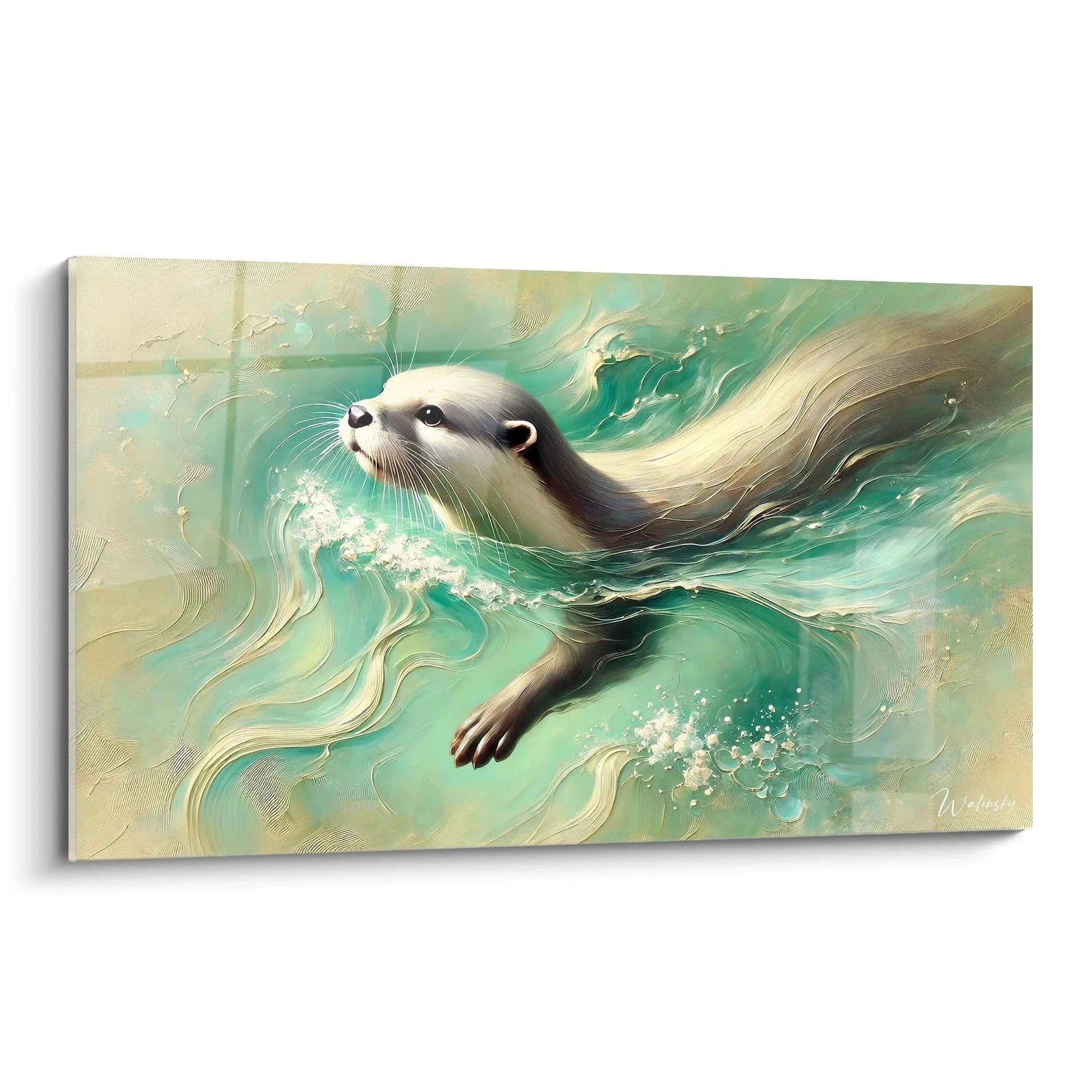 Wandbild Otter schwimmend in türkisem Wasser, Aquarellstil, moderne Wanddekoration