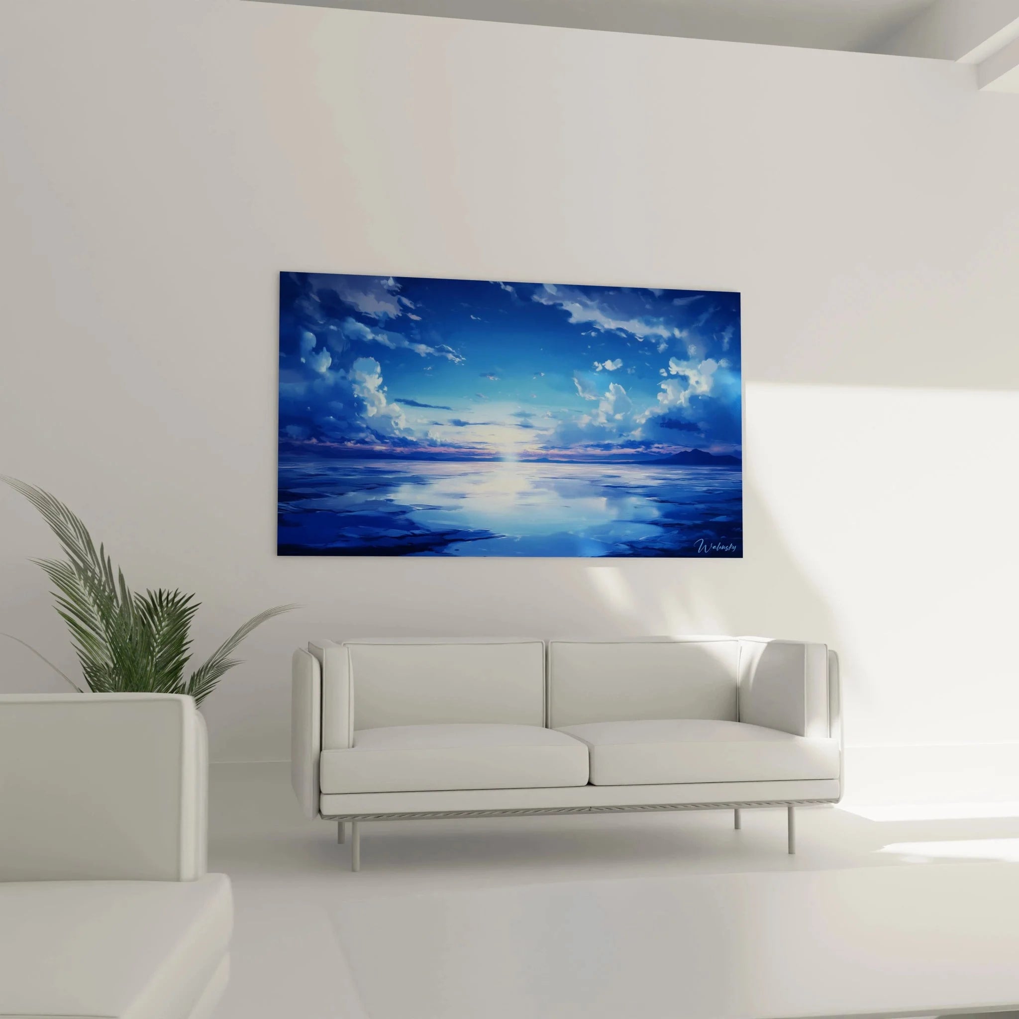 Detailansicht Wandbild Ozean mit realistischer Wassertextur und Wolkenspiegelung in Blautönen