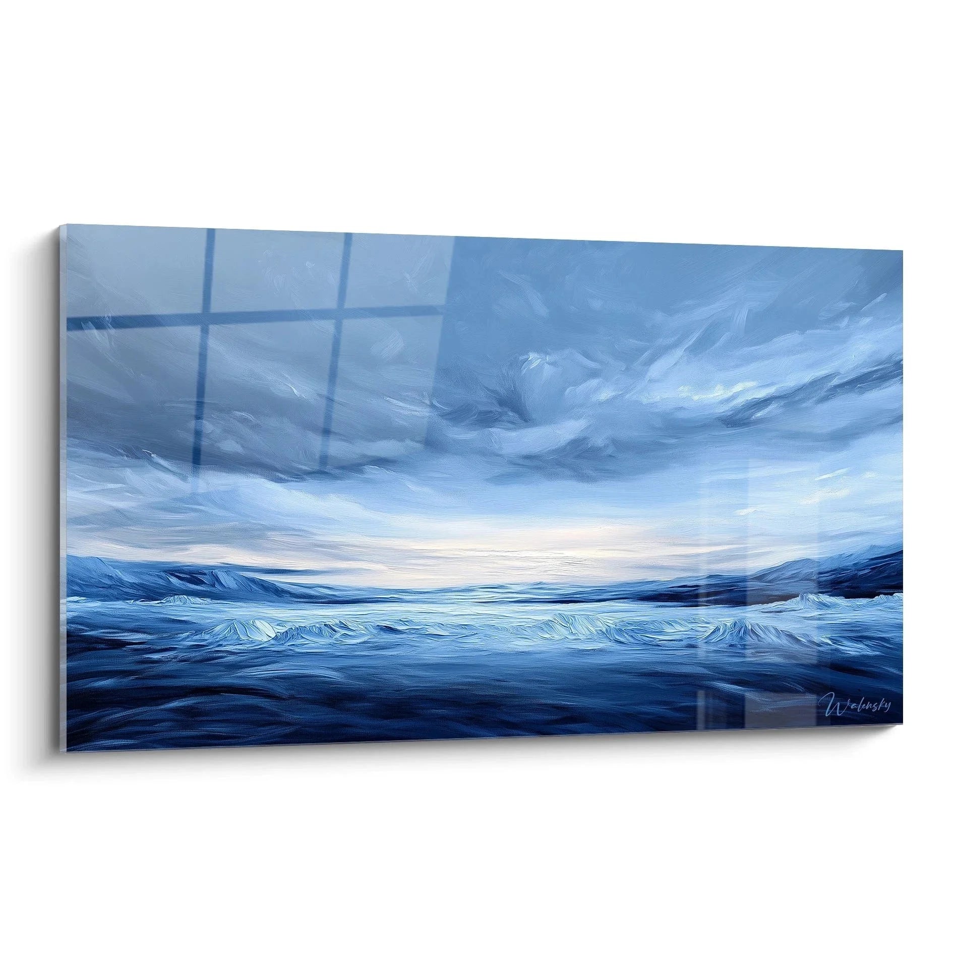 Wandbild Ozeanlandschaft in Blautönen mit Wellen und dramatischem Himmel - Maritime Wandkunst XXL