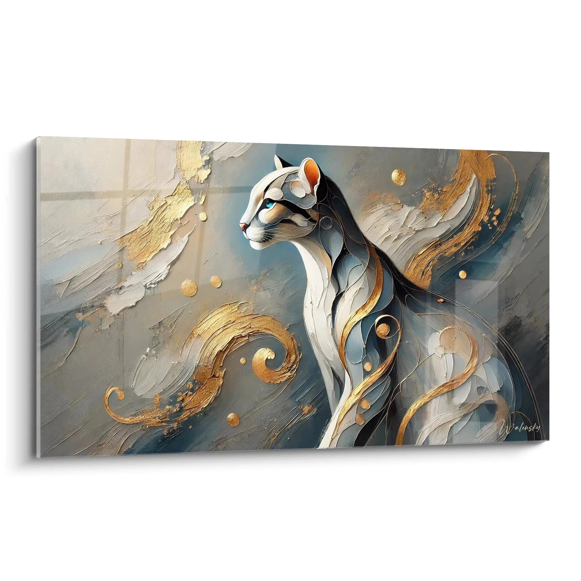 Abstraktes Wandbild Ozelot mit goldenen Ornamenten und modernem Design für stilvolle Wanddekoration