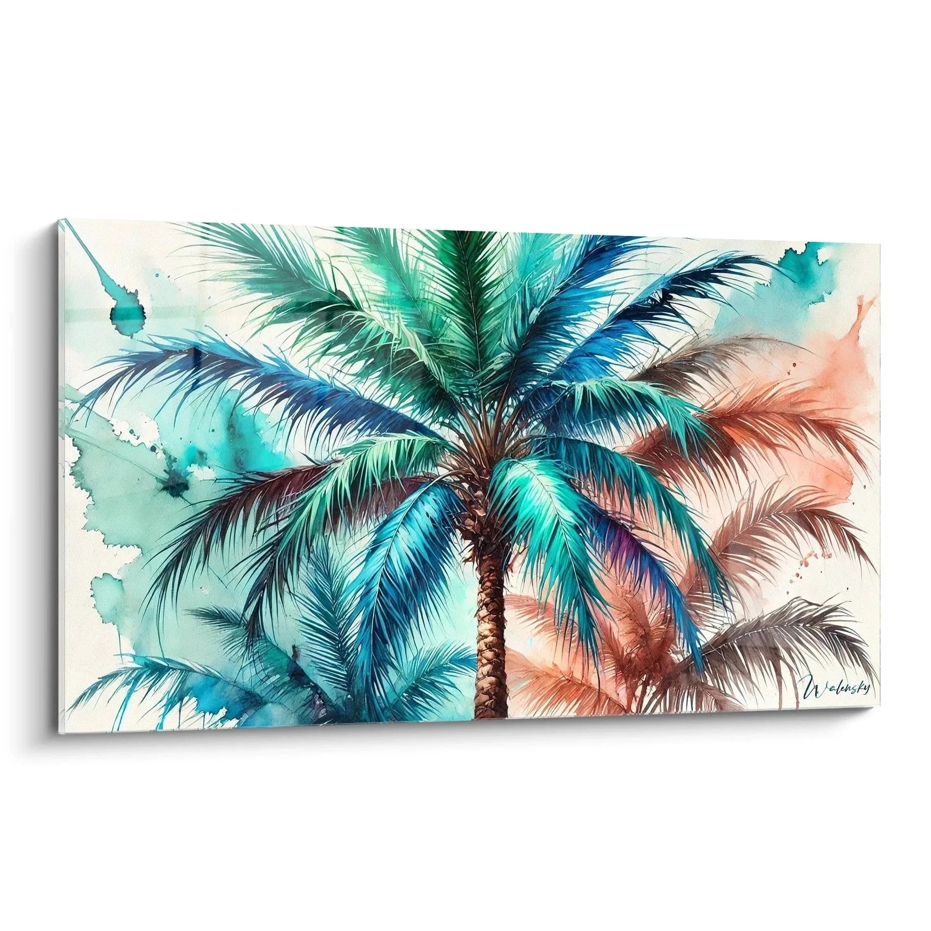 Wandbild Palmen Aquarell - Tropische Palmenwedel in Blau und Orange Farbtönen auf Leinwand