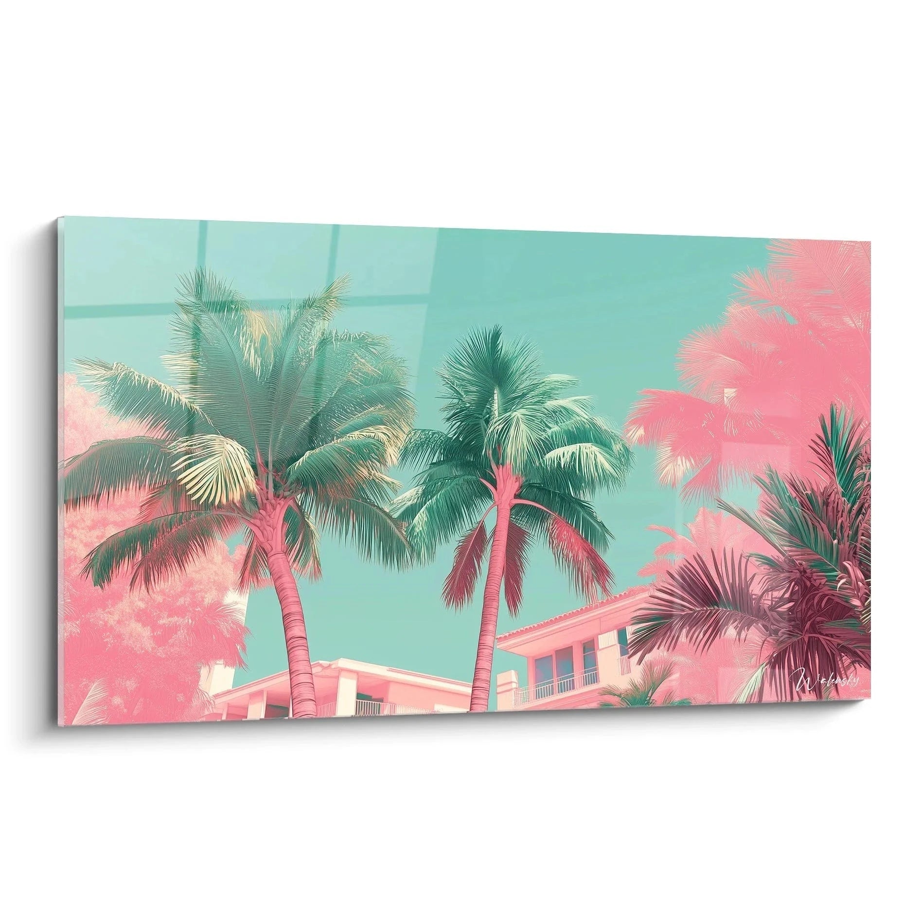 Wandbild Palmen Miami Retro mit türkis-pink Farbpalette und tropischer Architektur