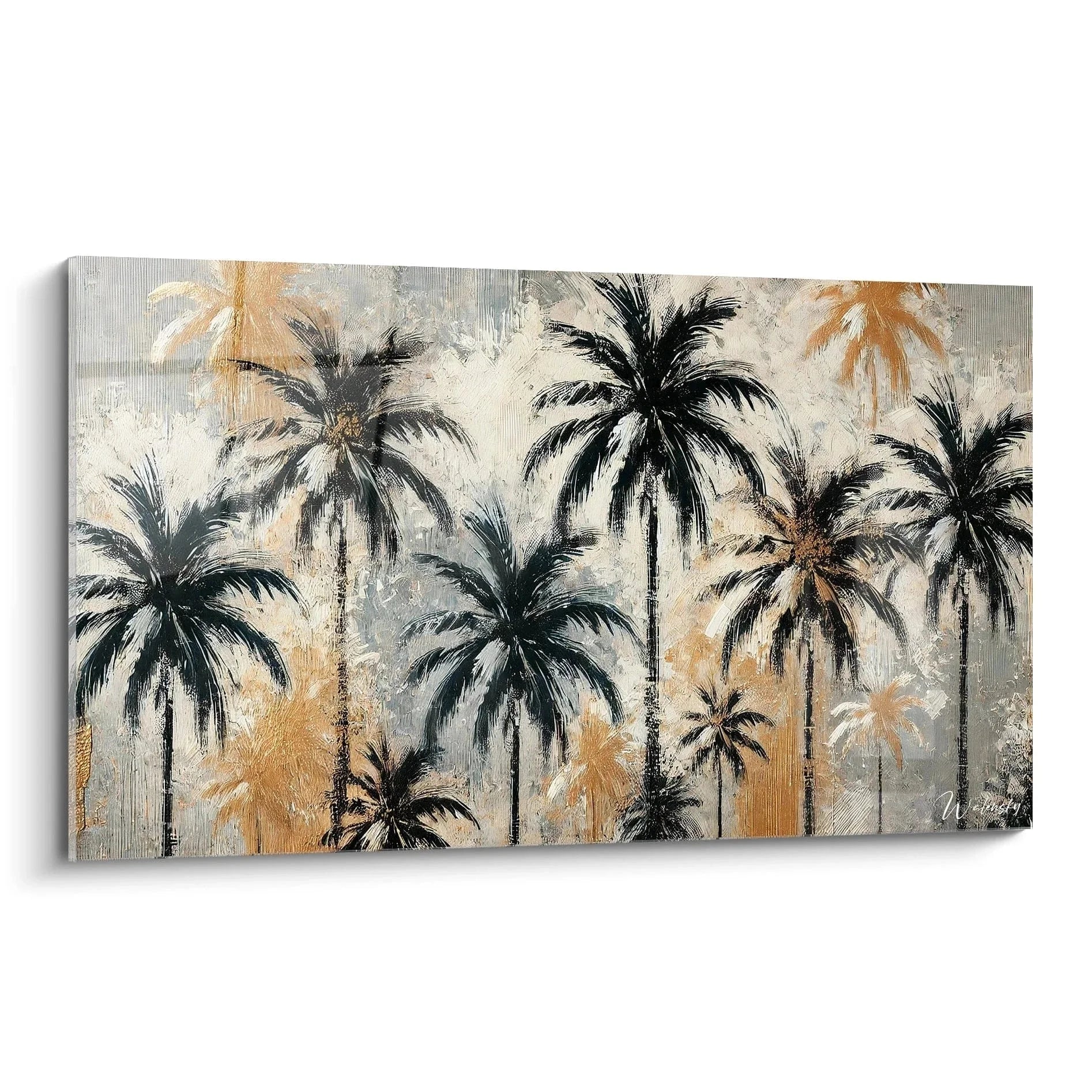 Wandbild Palmen Vintage Stil mit schwarzen Palmsilhouetten auf beigem Hintergrund
