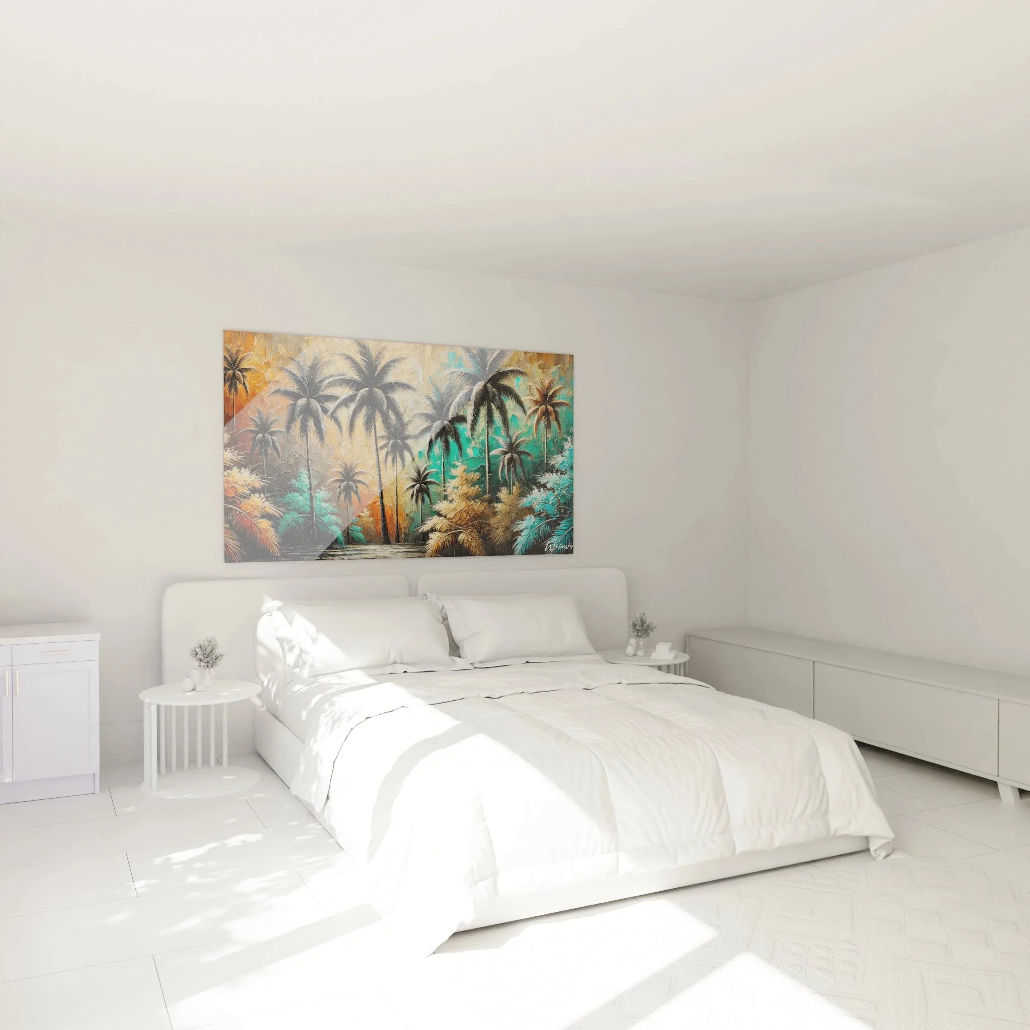 Wandbild Palmen XXL im Schlafzimmer, abstrakte tropische Wanddeko in türkis und orange