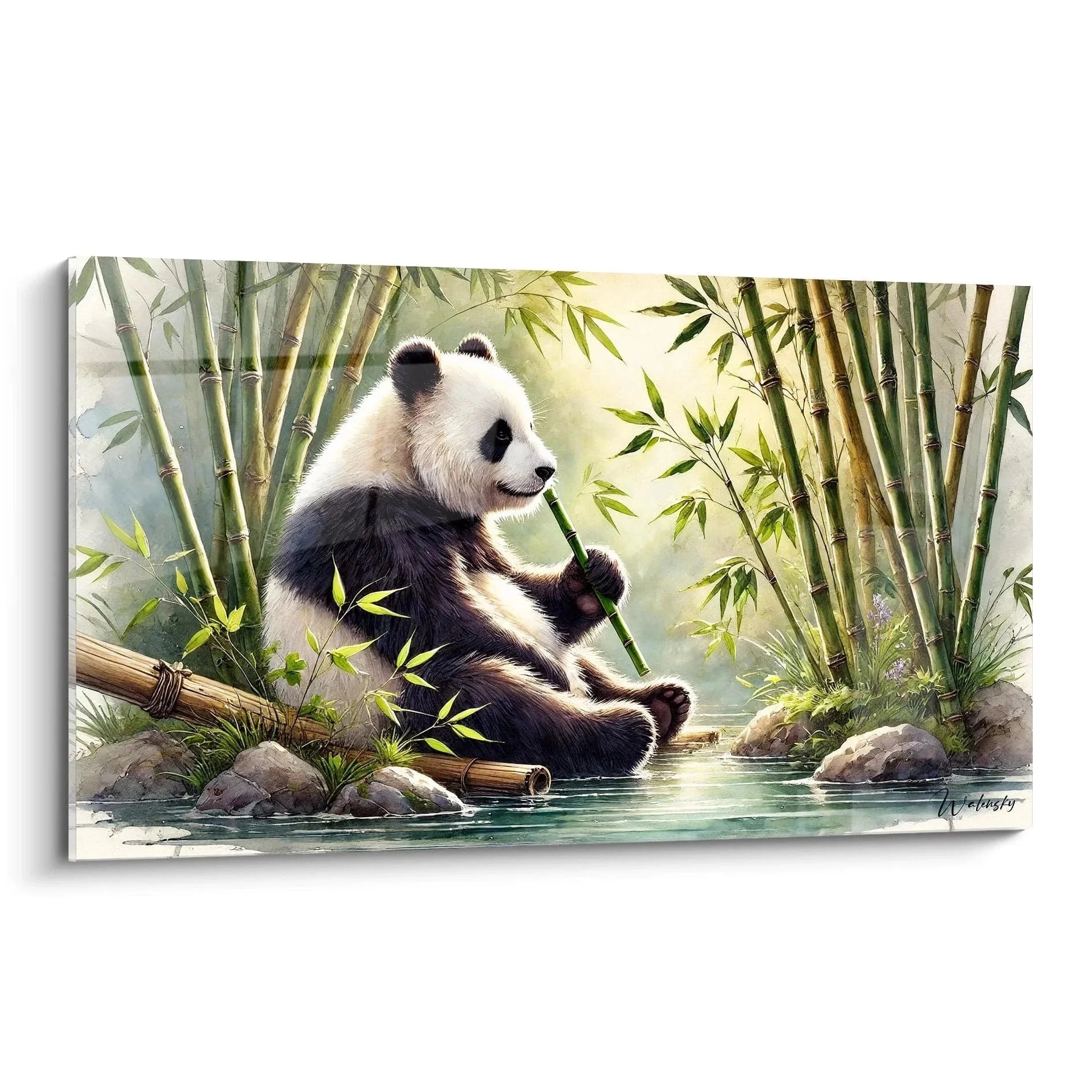 Wandbild Panda beim Bambusessen am Wasser - Edition Großer Panda Kunstdruck für Wohnzimmer