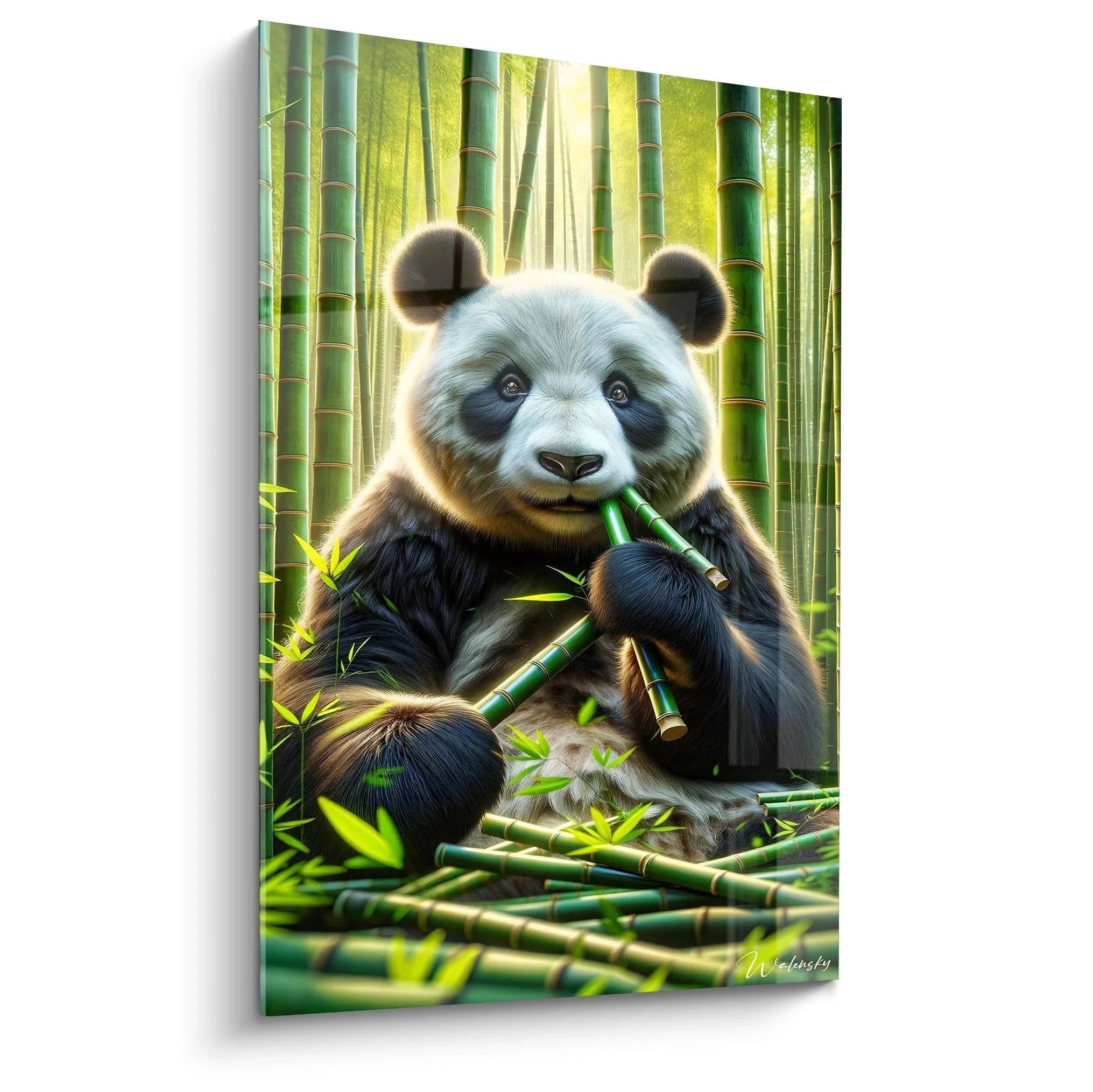 Wandbild Panda im Bambuswald - Großer Panda frisst Bambus zwischen grünen Bambusstämmen