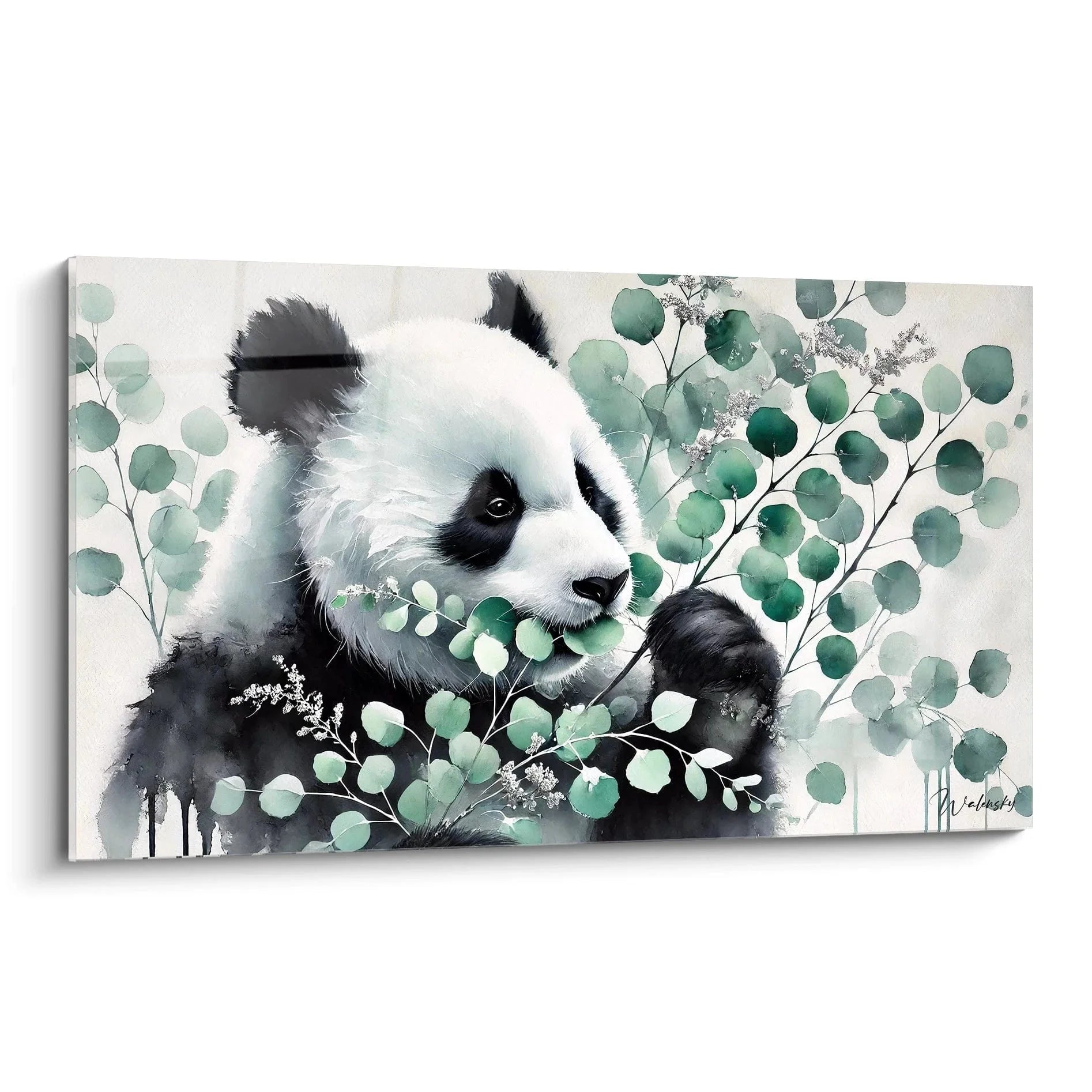 Wandbild Panda mit Eukalyptus in Aquarell-Technik, harmonische Grüntöne, Edition Großer Panda Wanddekoration