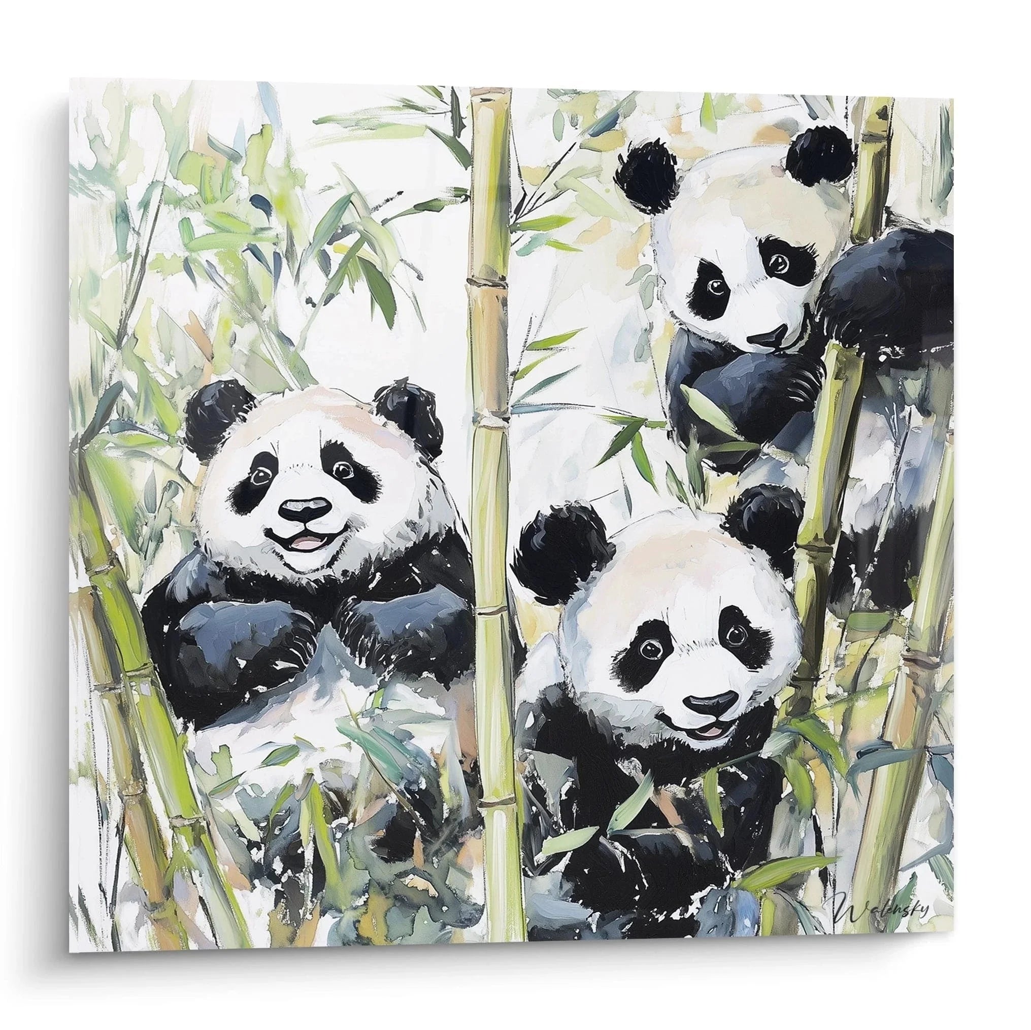 Wandbild drei glückliche Pandas Familie im grünen Bambuswald - Edition Großer Panda Wanddekoration