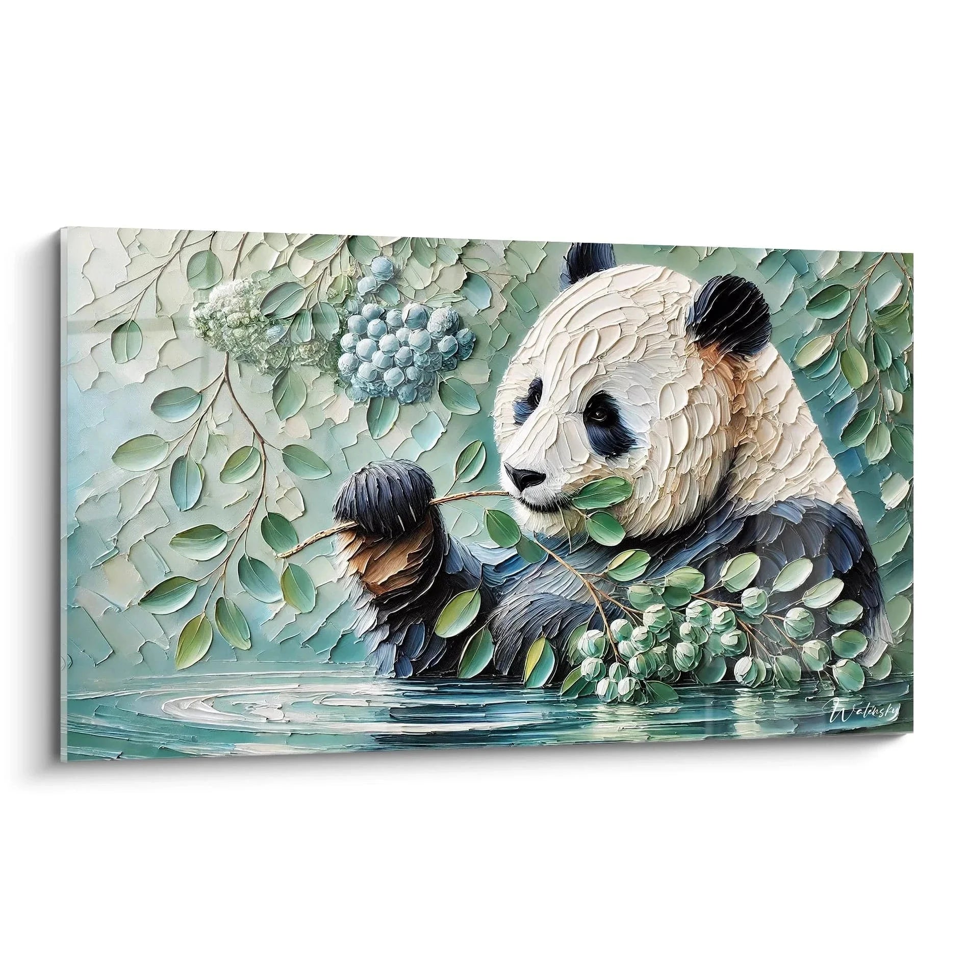 Wandbild Panda im Wasser mit Eukalyptusblättern - Großer Panda Kunstdruck XXL