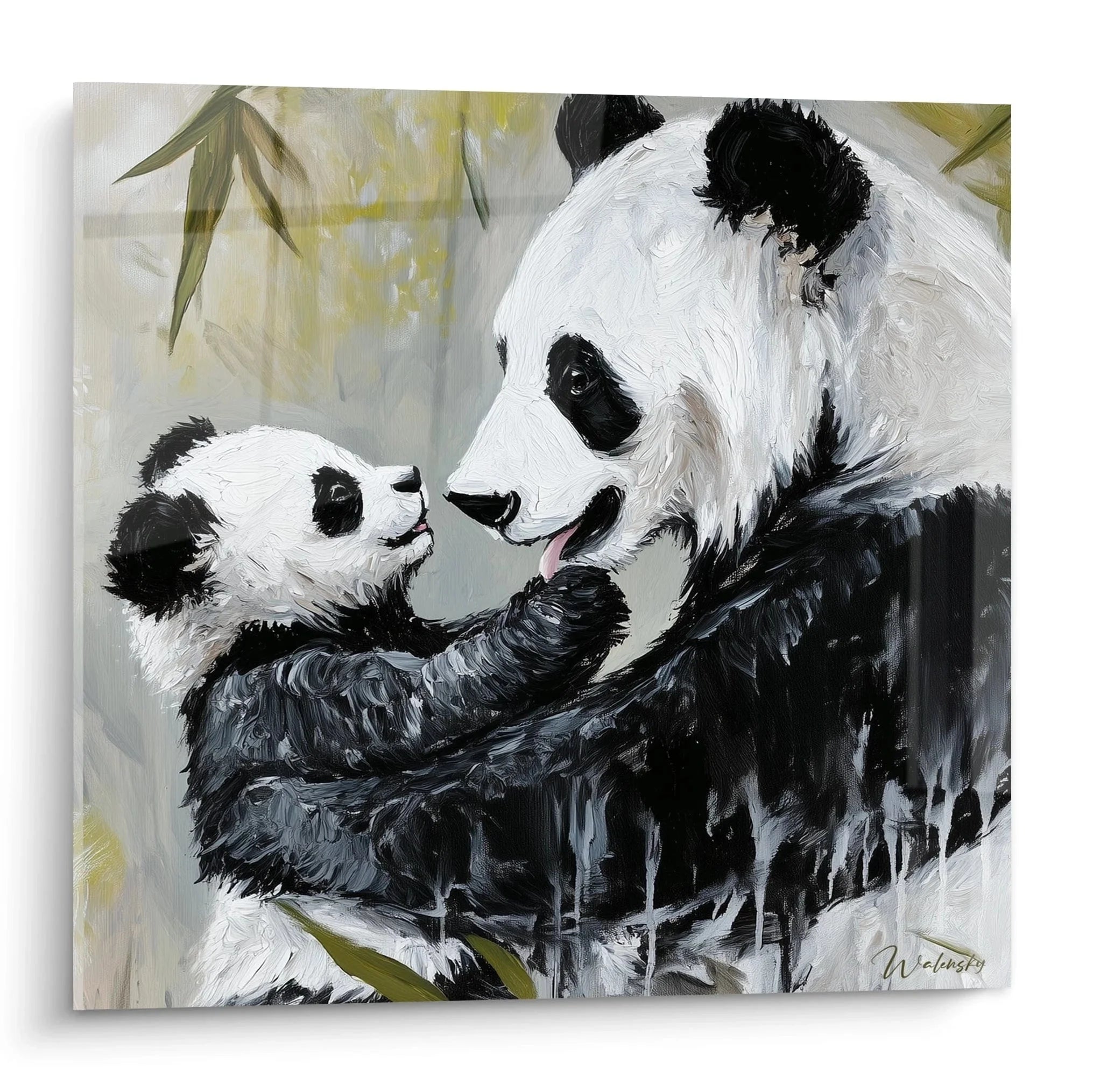 Wandbild Panda Mutter mit Baby in zärtlicher Umarmung, Kunstdruck Großer Panda Familie