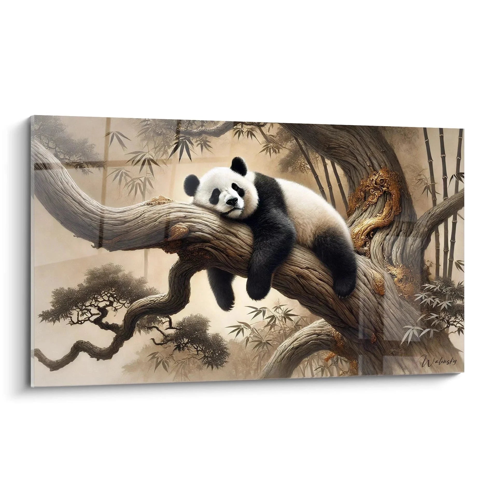 Wandbild Panda schlafend auf Baumast in traditionellem asiatischen Malstil mit Bambus
