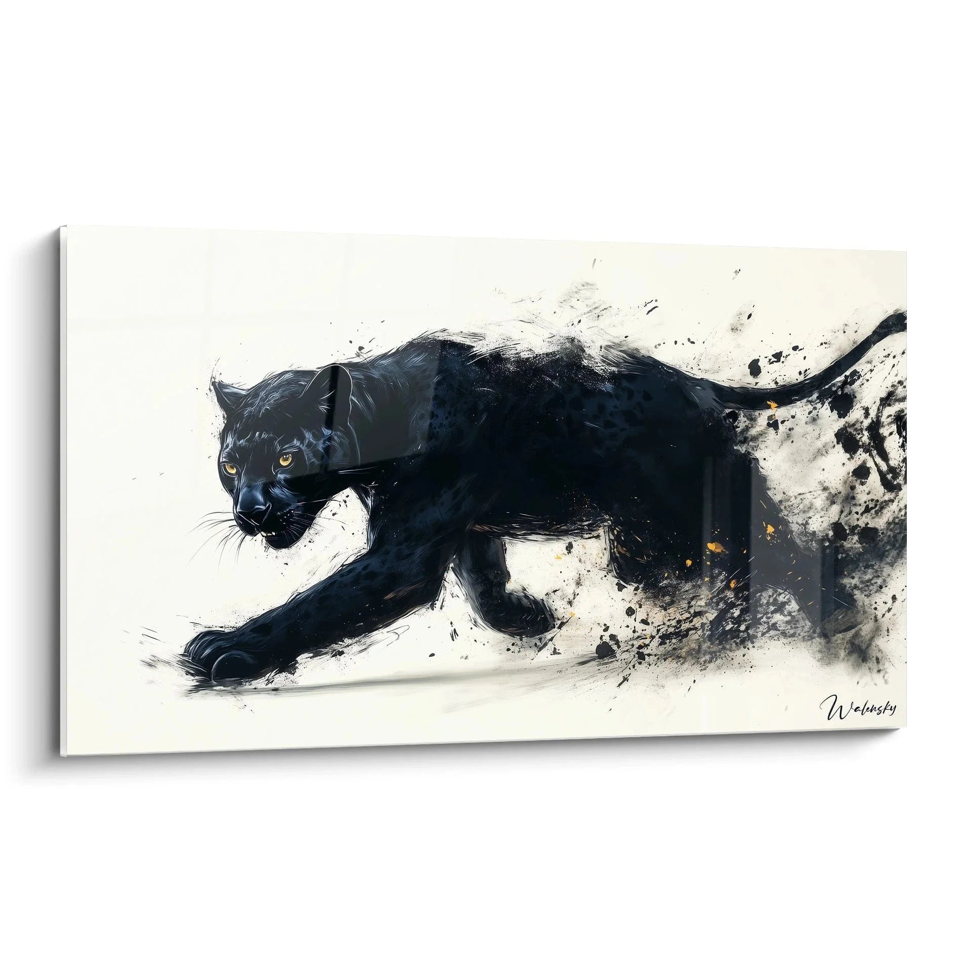 Wandbild Panther schwarz-weiß mit gelben Augen in dynamischer Bewegung für moderne Wanddekoration