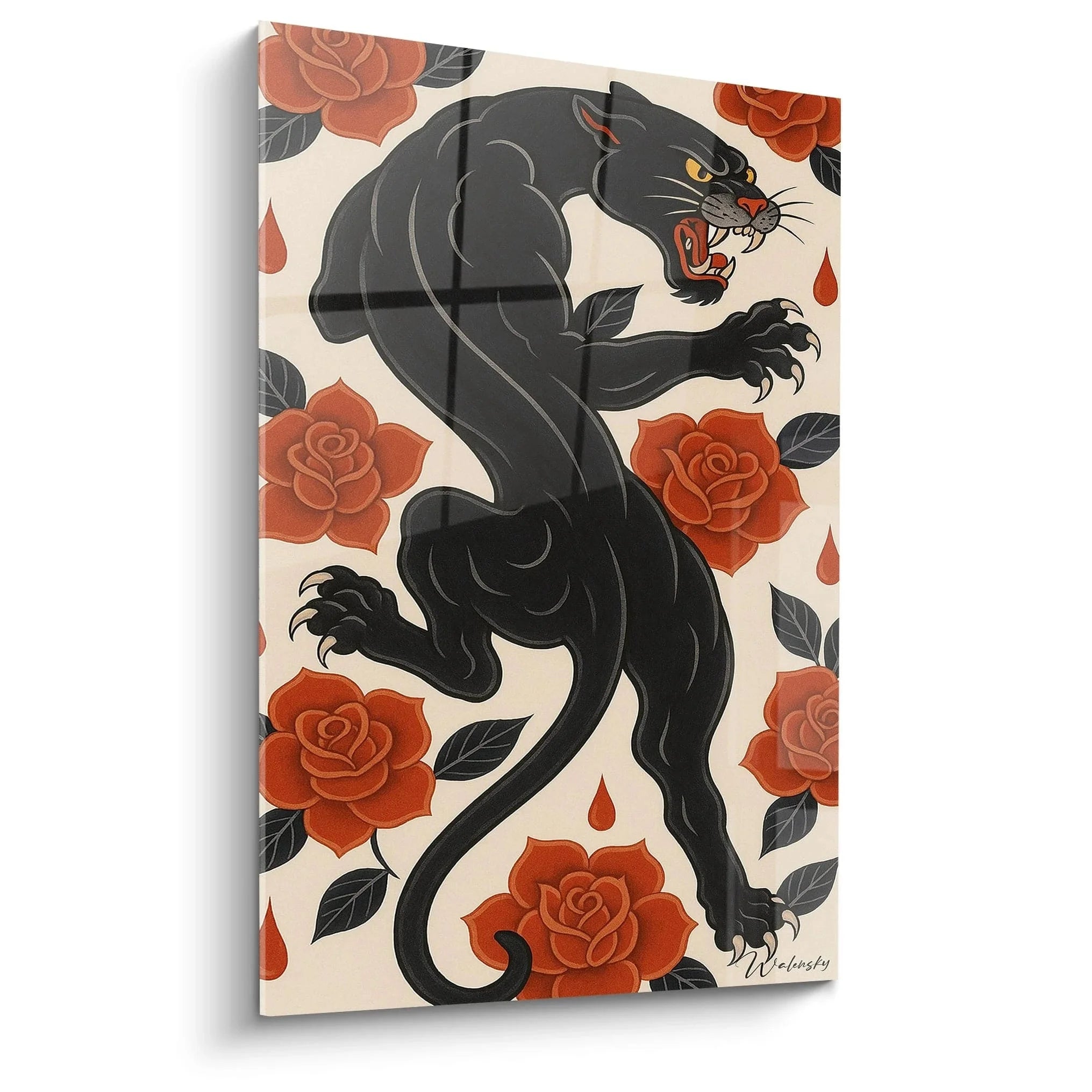 Wandbild schwarzer Panther im Tattoo-Stil mit roten Rosen auf beigem Hintergrund