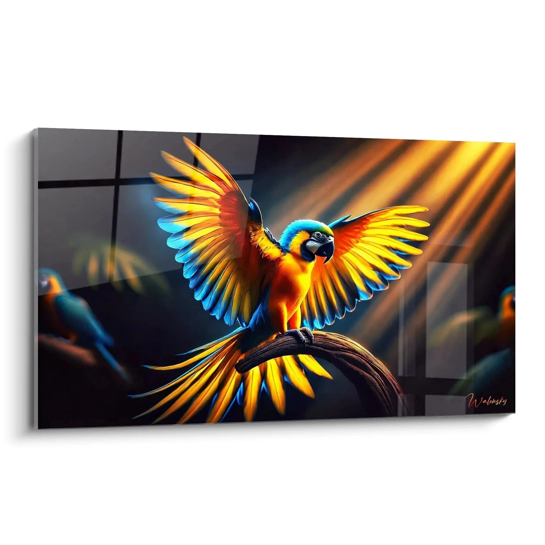 Wandbild majestätischer Ara Papagei mit ausgebreiteten bunten Flügeln in Gold und Blau