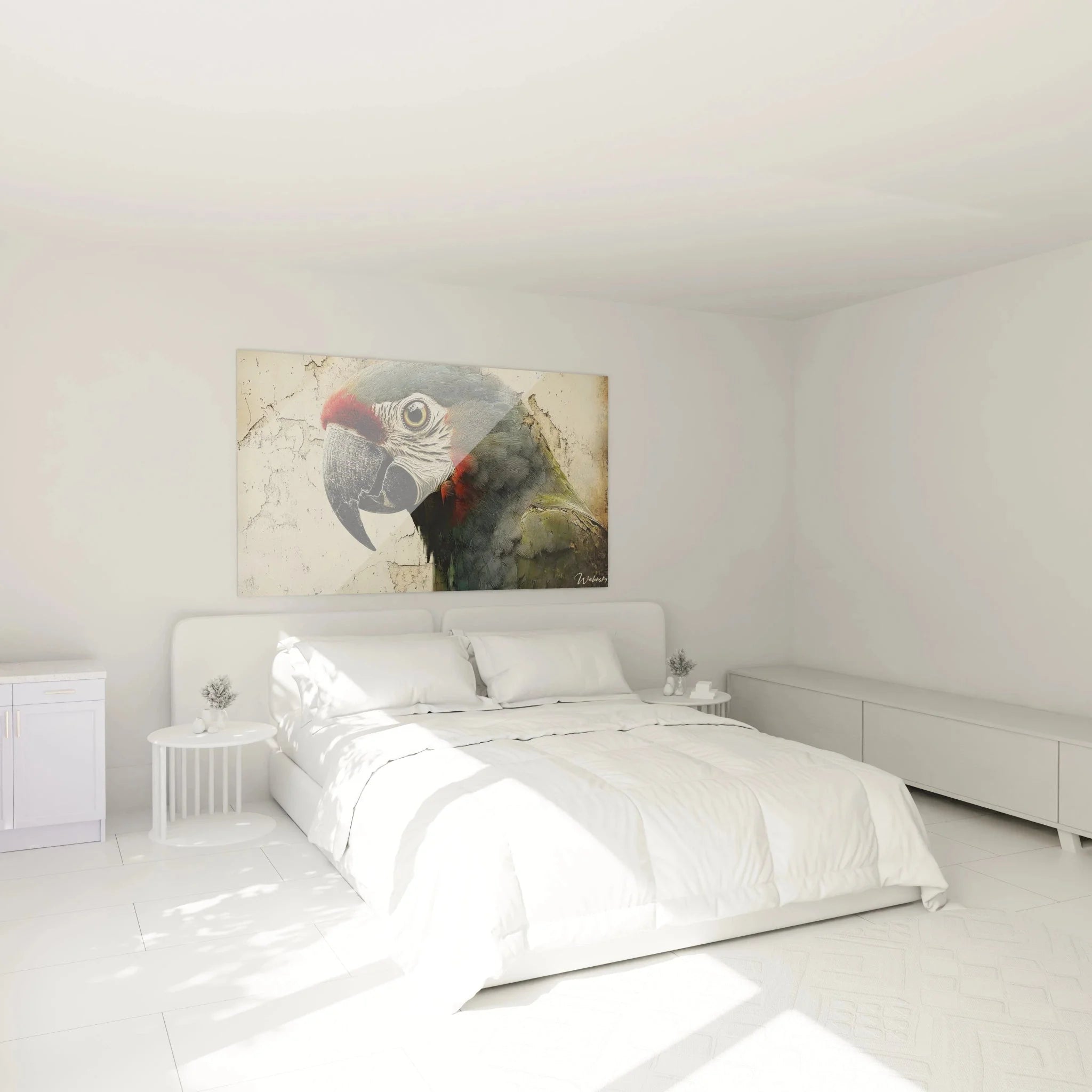 Wandbild Papagei Ara in modernem Schlafzimmer als stilvolle Wanddekoration präsentiert