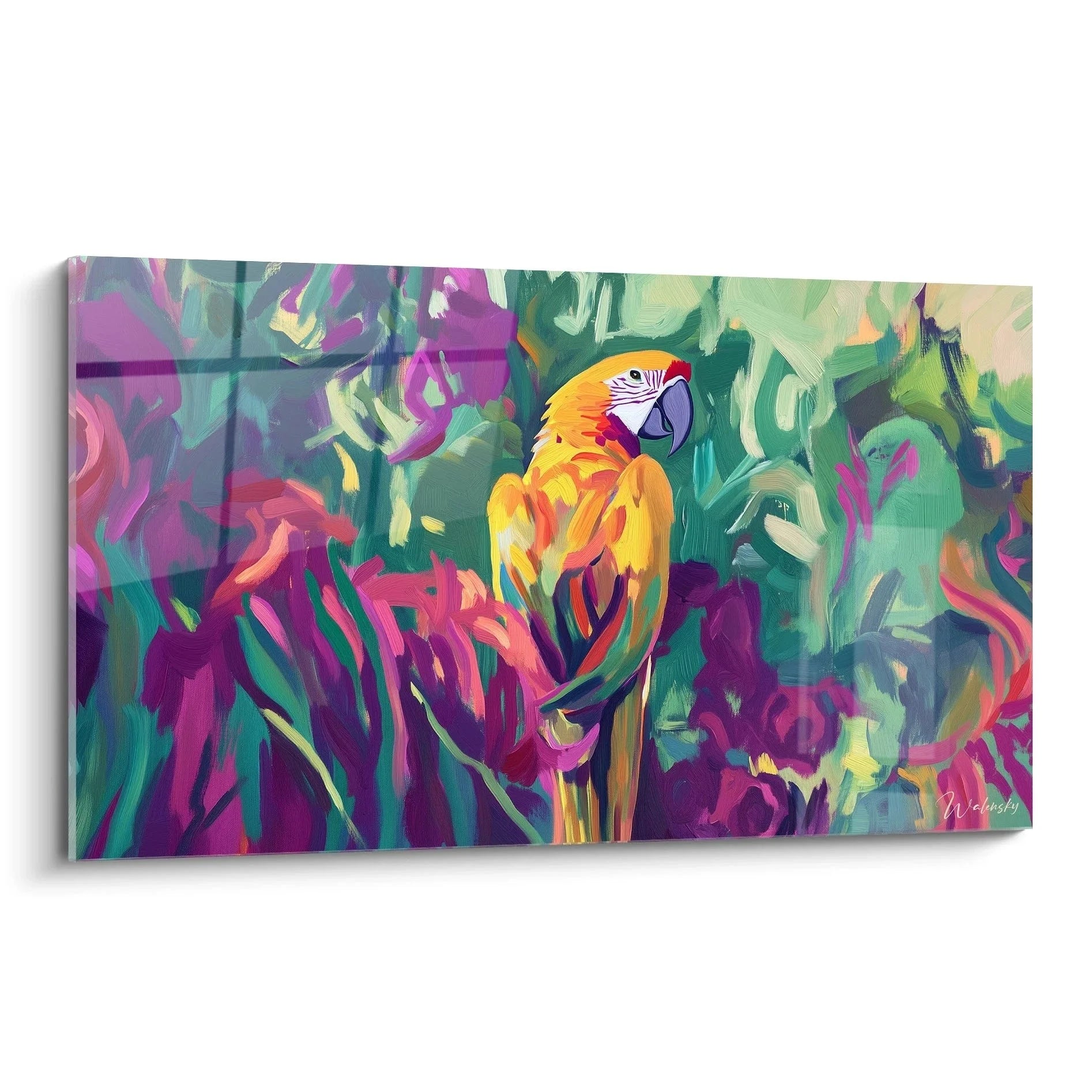 Wandbild Papagei zeigt bunten Ara im tropischen Dschungel mit leuchtenden Farben - Edition Papagei Wanddeko