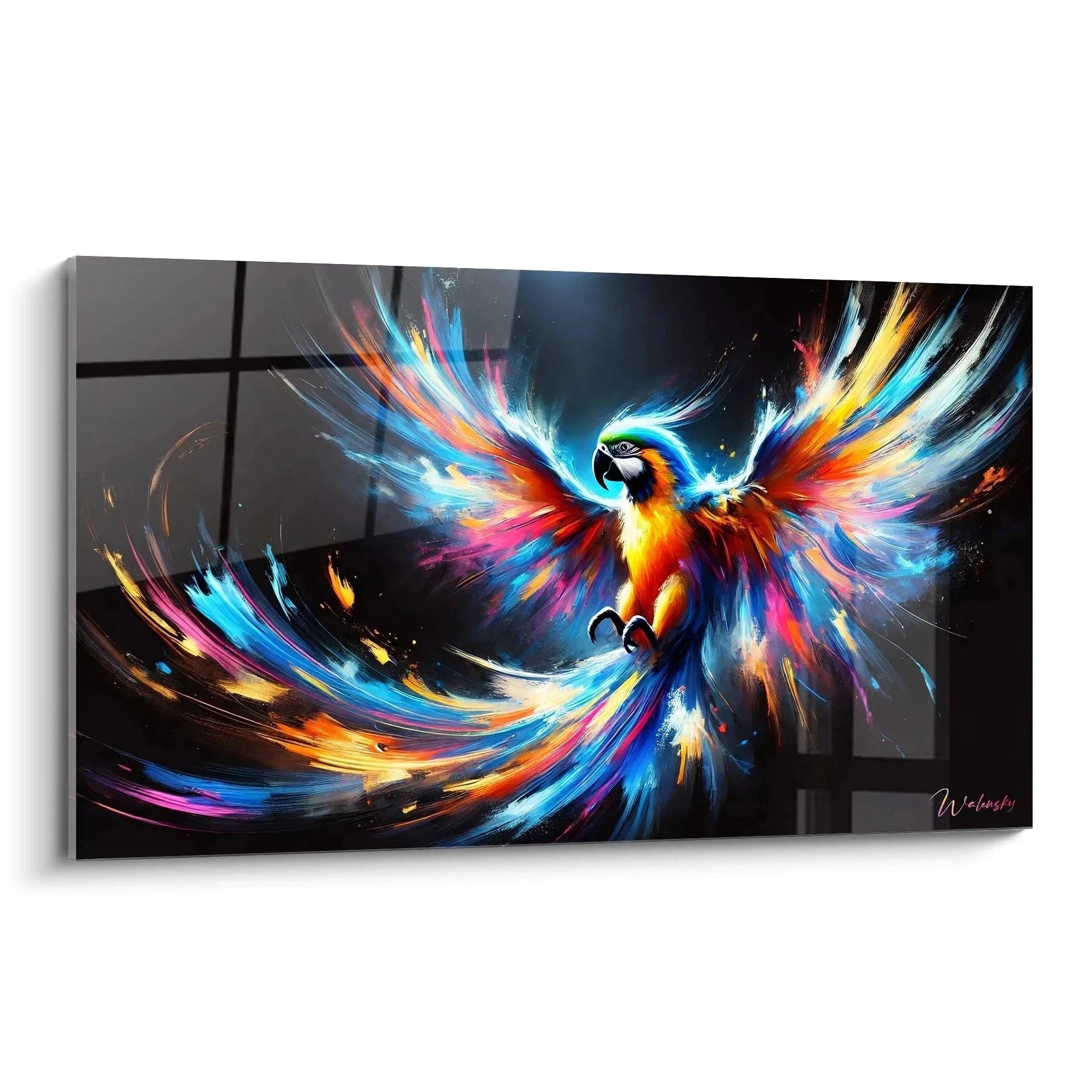 Wandbild Papagei mit dynamischer Farbexplosion in Türkis Orange Gelb - Edition Papagei Wandkunst