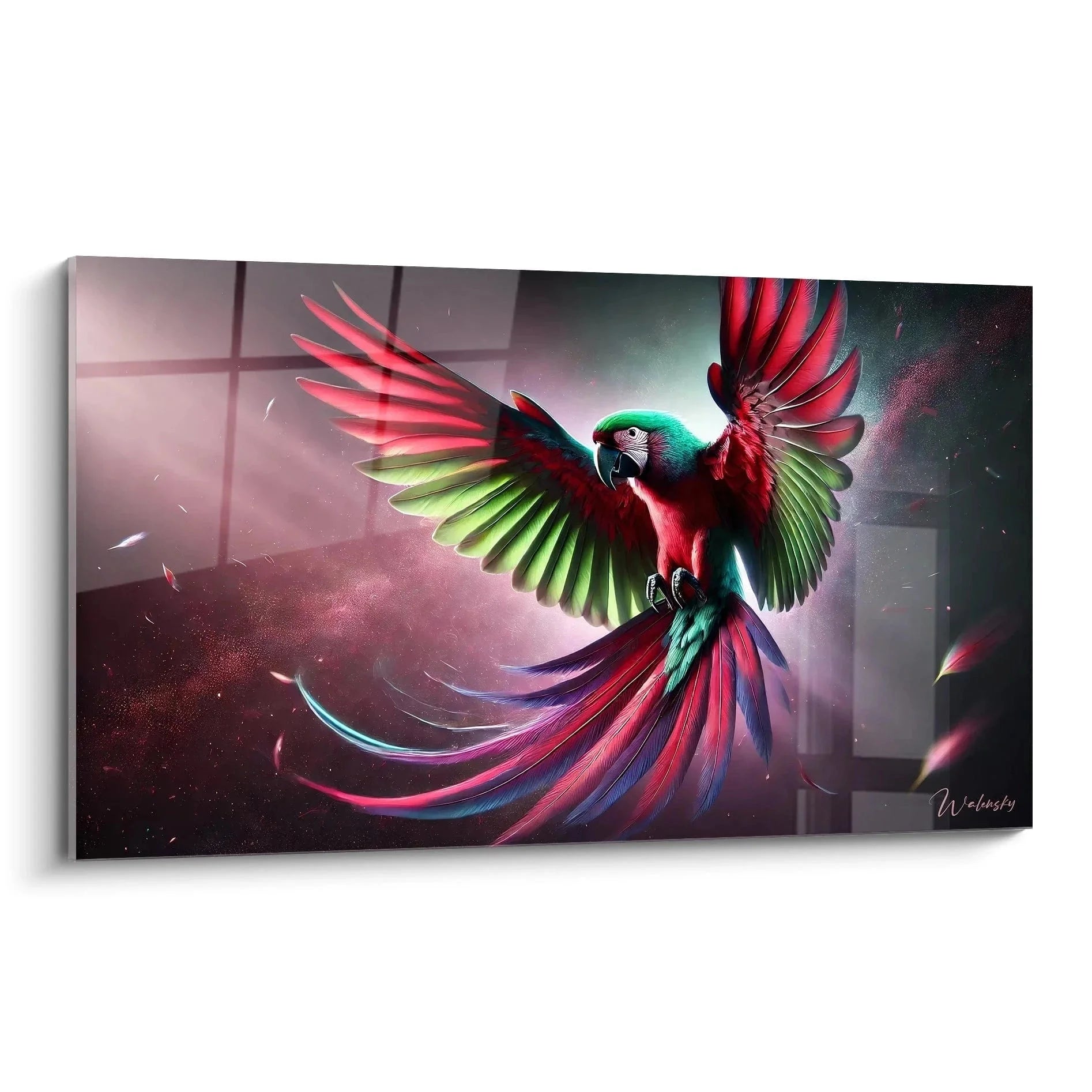 Wandbild Papagei - Fliegender bunter Ara mit ausgebreiteten Flügeln in leuchtenden Rot- und Grüntönen