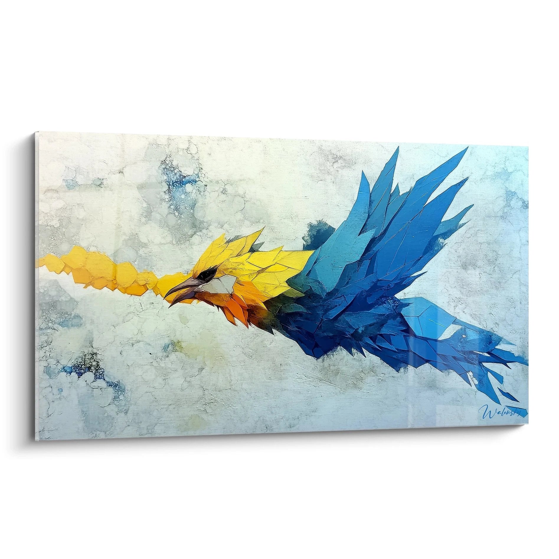 Abstraktes Wandbild Papagei mit blauen und gelben Flügeln in Malerei-Optik für moderne Wanddekoration