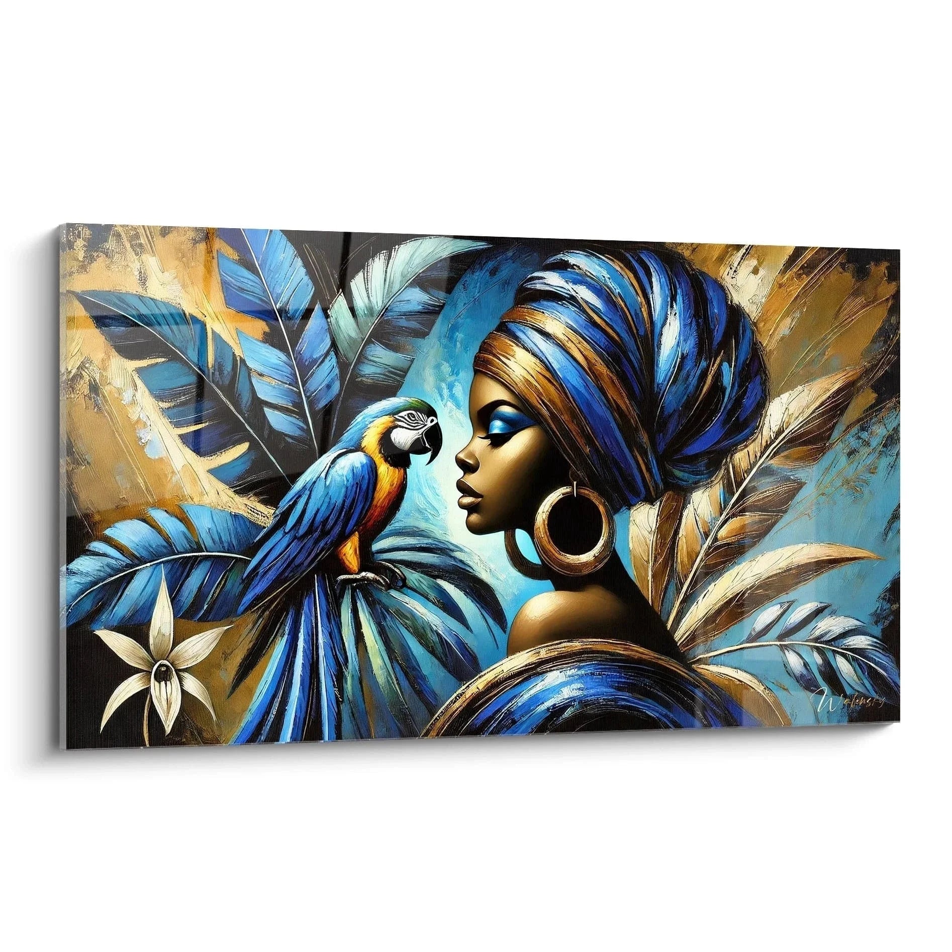 Wandbild tropische Frau mit blauem Papagei und goldenen Akzenten - Edition Papagei Kunstdruck